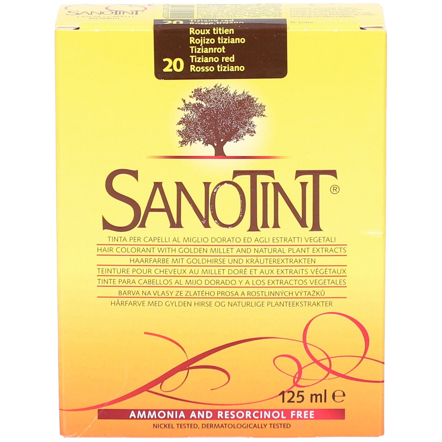 Gele doos met productnaam en kleurnummer. Meertalige tekst. "Ammonia and Resorcinol Free".