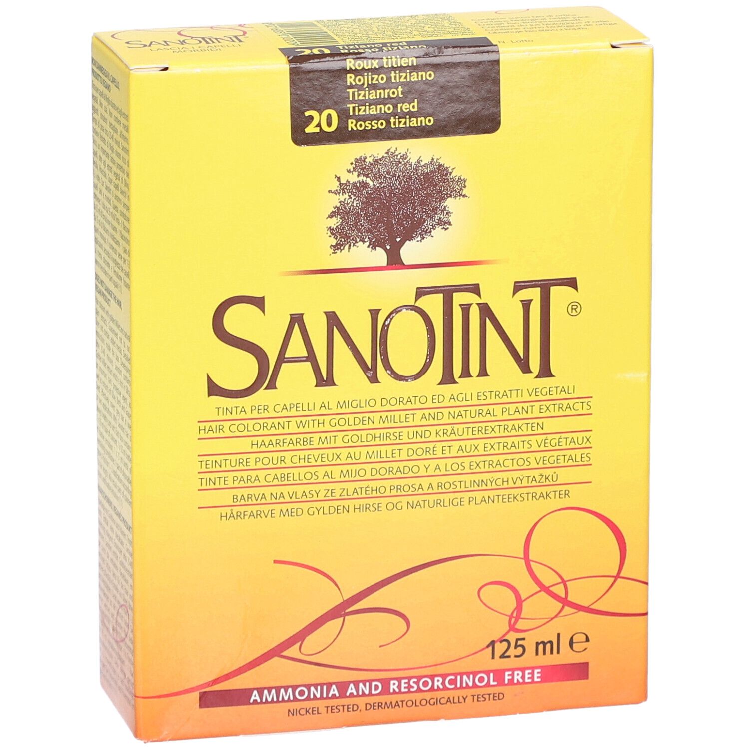 Gele doos met productnaam en kleurnummer. Meertalige tekst. "Ammonia and Resorcinol Free".