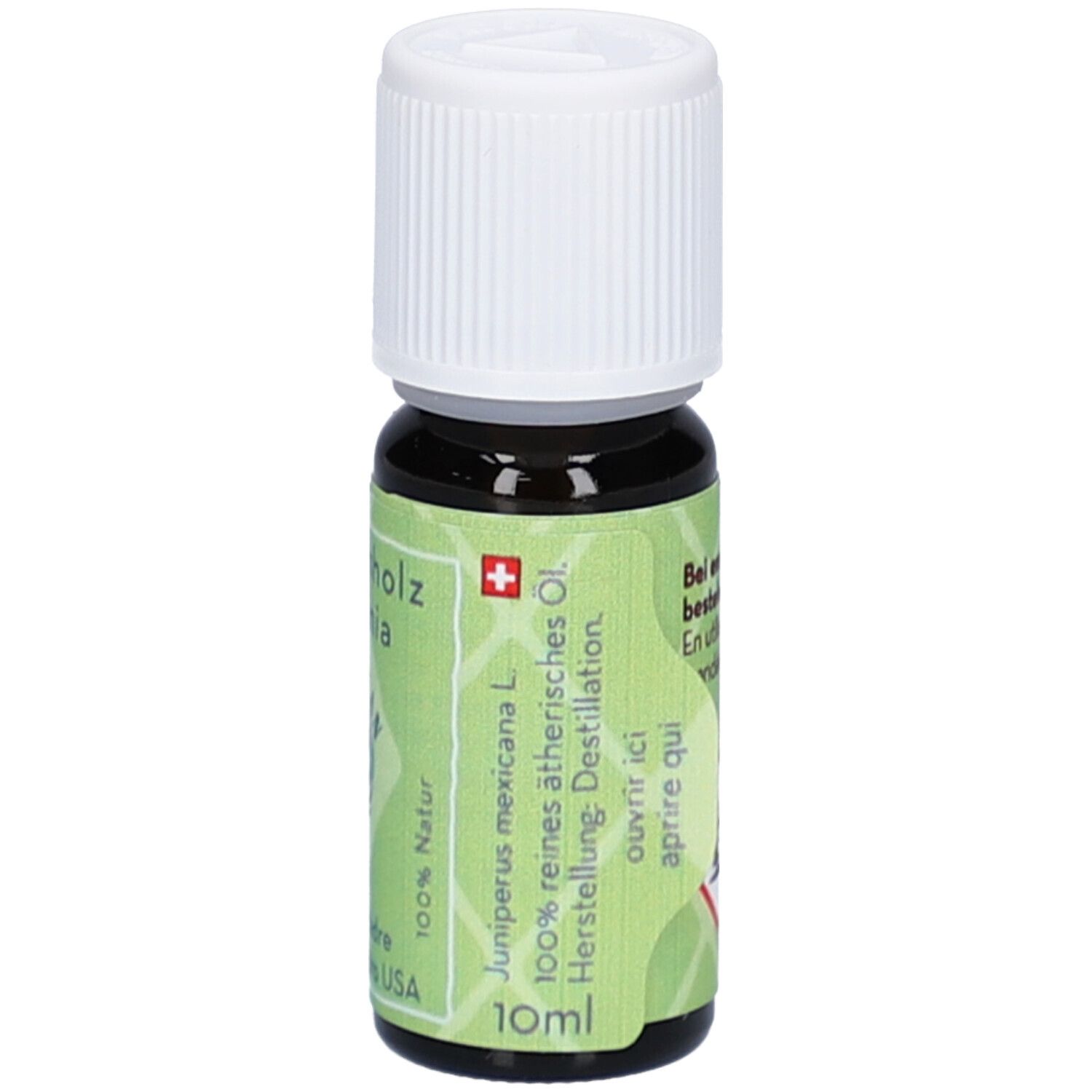 Bruine glazen fles met witte schroefdop, 10ml. Groen etiket met Zwitsers kruis en tekst.