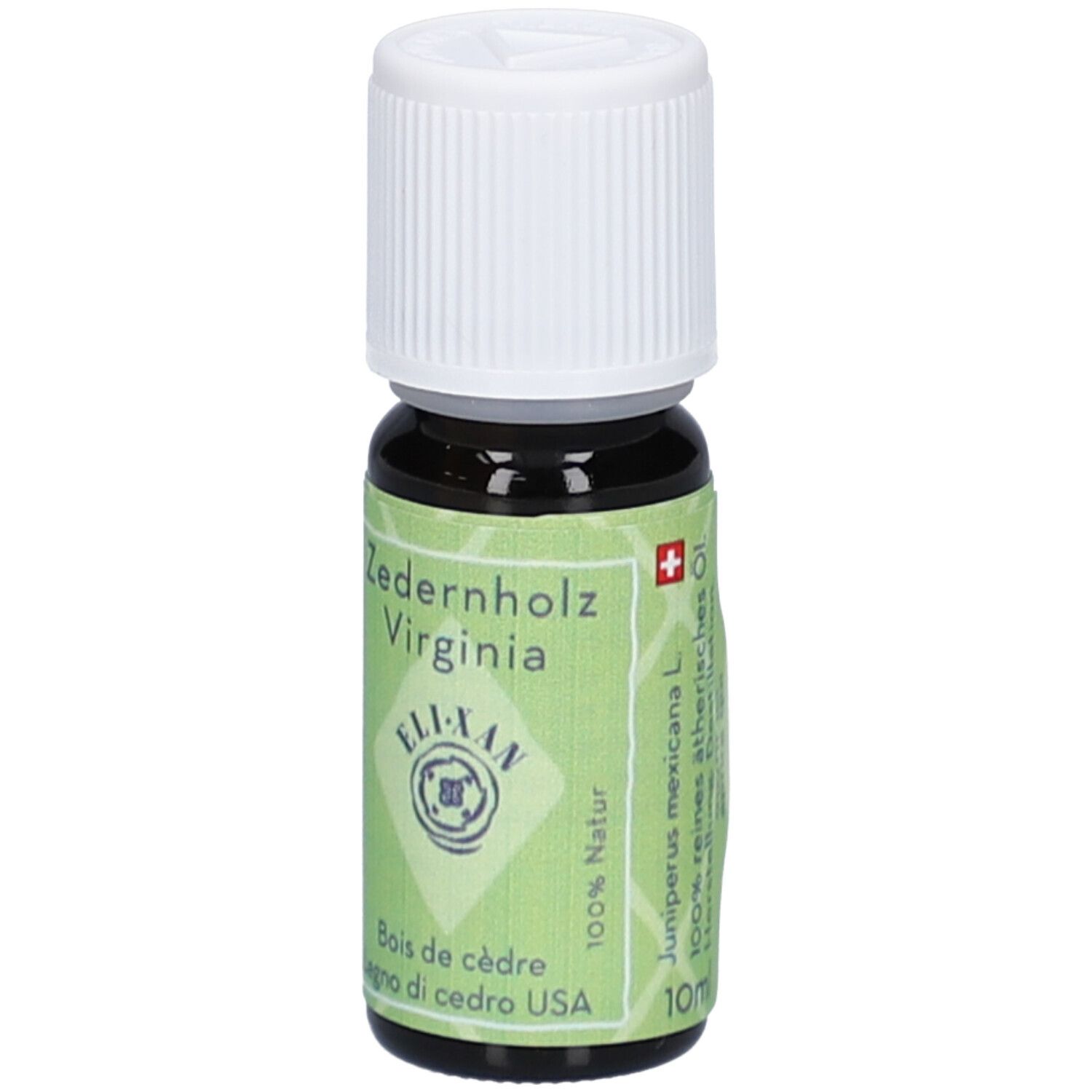 Donkerbruine glazen fles met witte schroefdop. Groen etiket met tekst 'Zedernholz Virginia' en 'ELI-XAN'. Bevat 10ml.