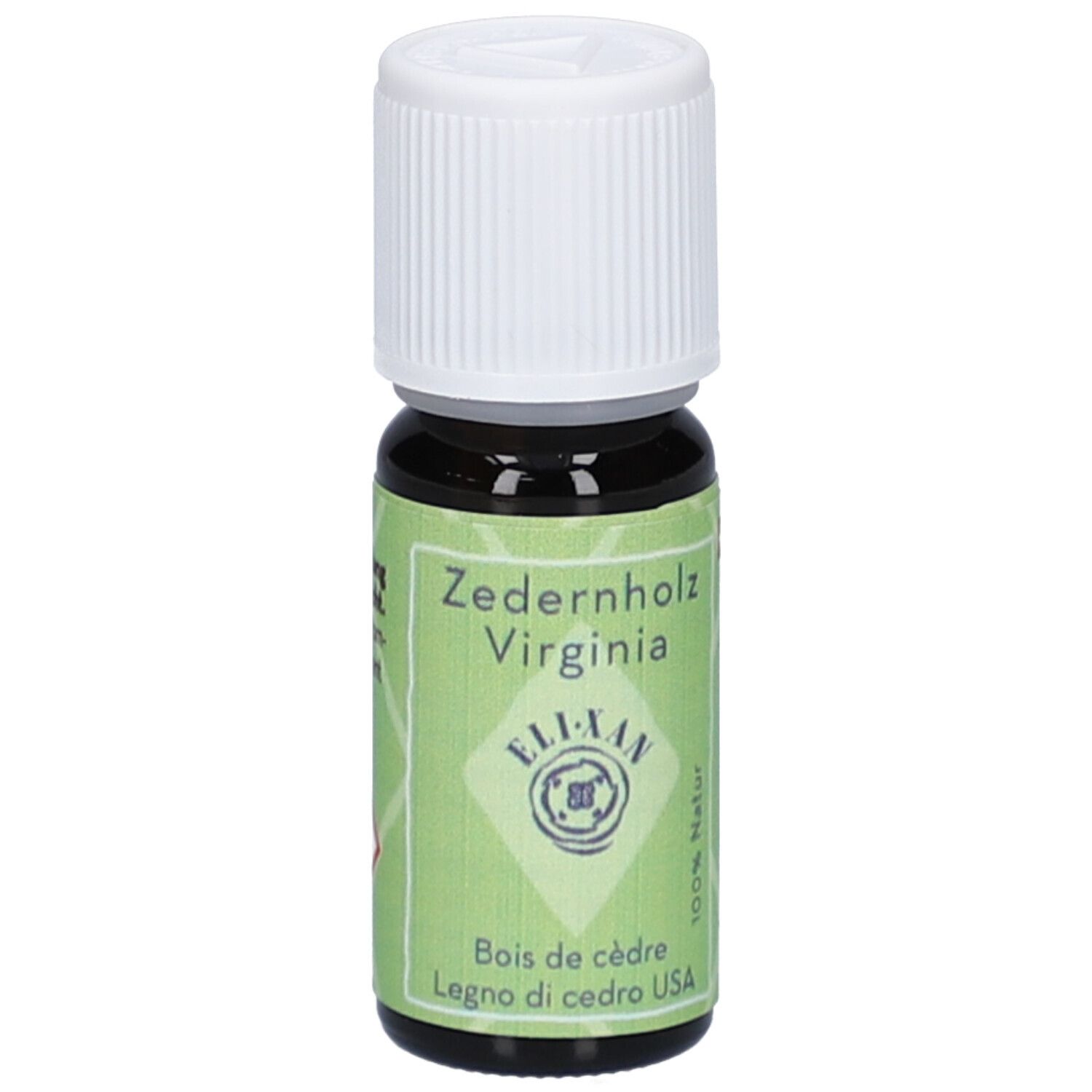 Bruine glazen fles met witte schroefdop. Groen etiket met "Zedernholz Virginia" en "Eli-Xan".