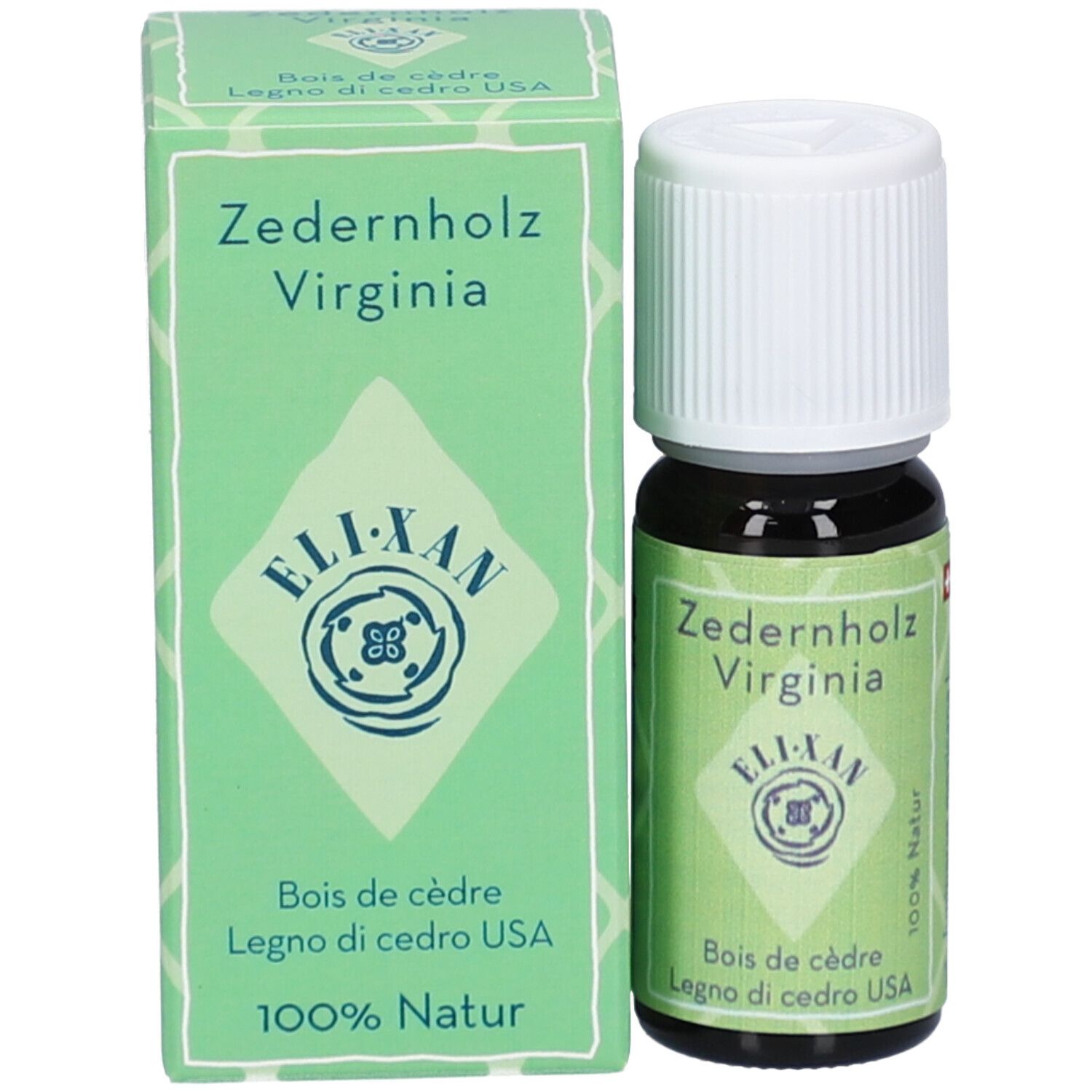 Eli-Xan Virginia cederhout etherische olie, 100% Natuur. Donkerglazen flesje met witte schroefdop en vouwdoosje.