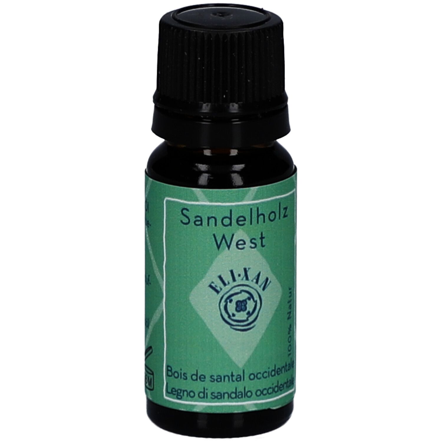 Bruine glazen fles met zwarte dop. Etiket met productnaam, merk, inhoud en 100% natuurlijk.