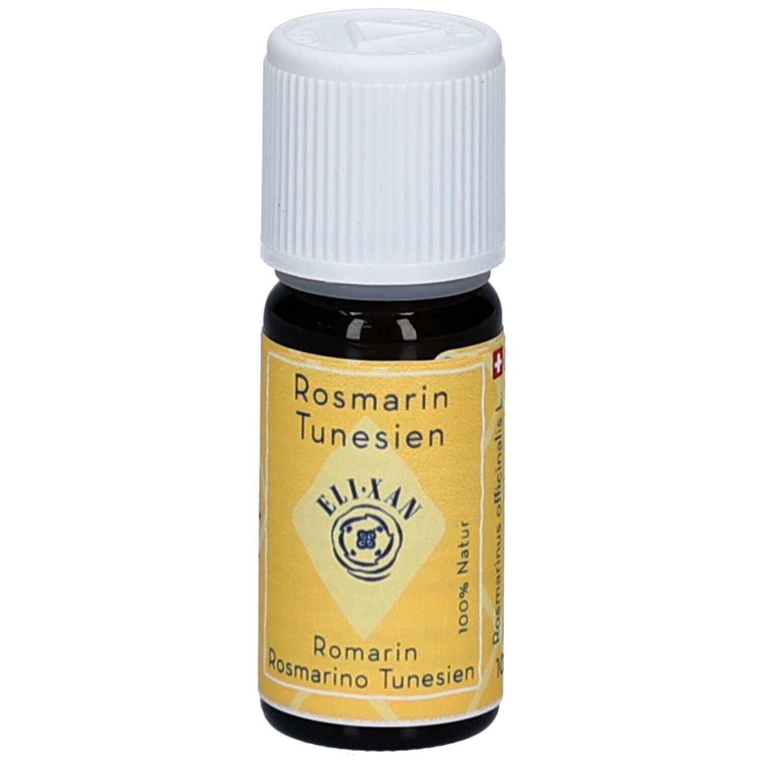 Bruine glazen fles met witte schroefdop. Geel etiket met tekst: Rosmarin Tunesien, ELIXAN, 100% Natur. Zwitsers kruis.