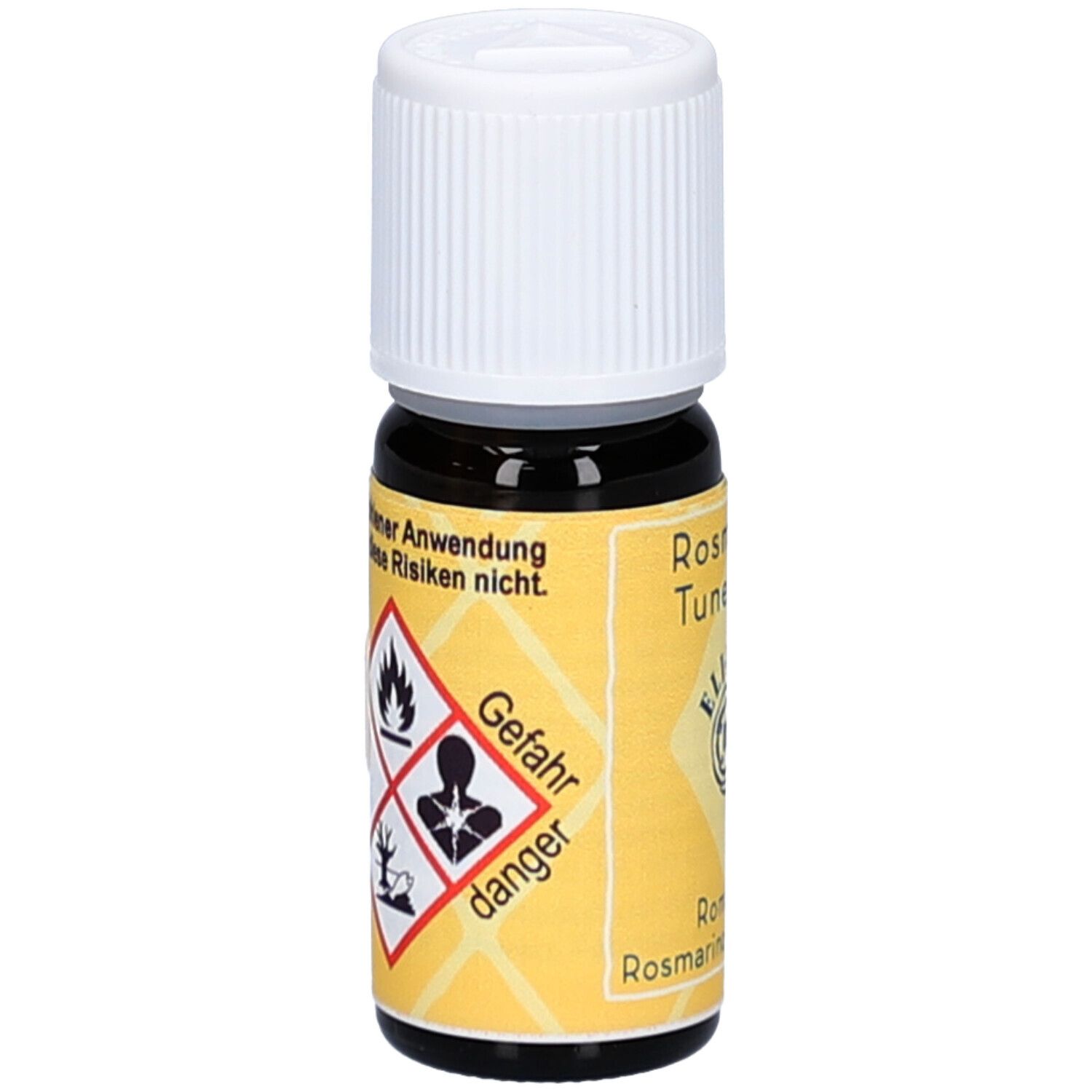 Bruine glazen fles met witte dop. Geel etiket met gevarensymbolen: vlam, gezondheidsgevaar, milieu. Tekst: Gefahr, danger.
