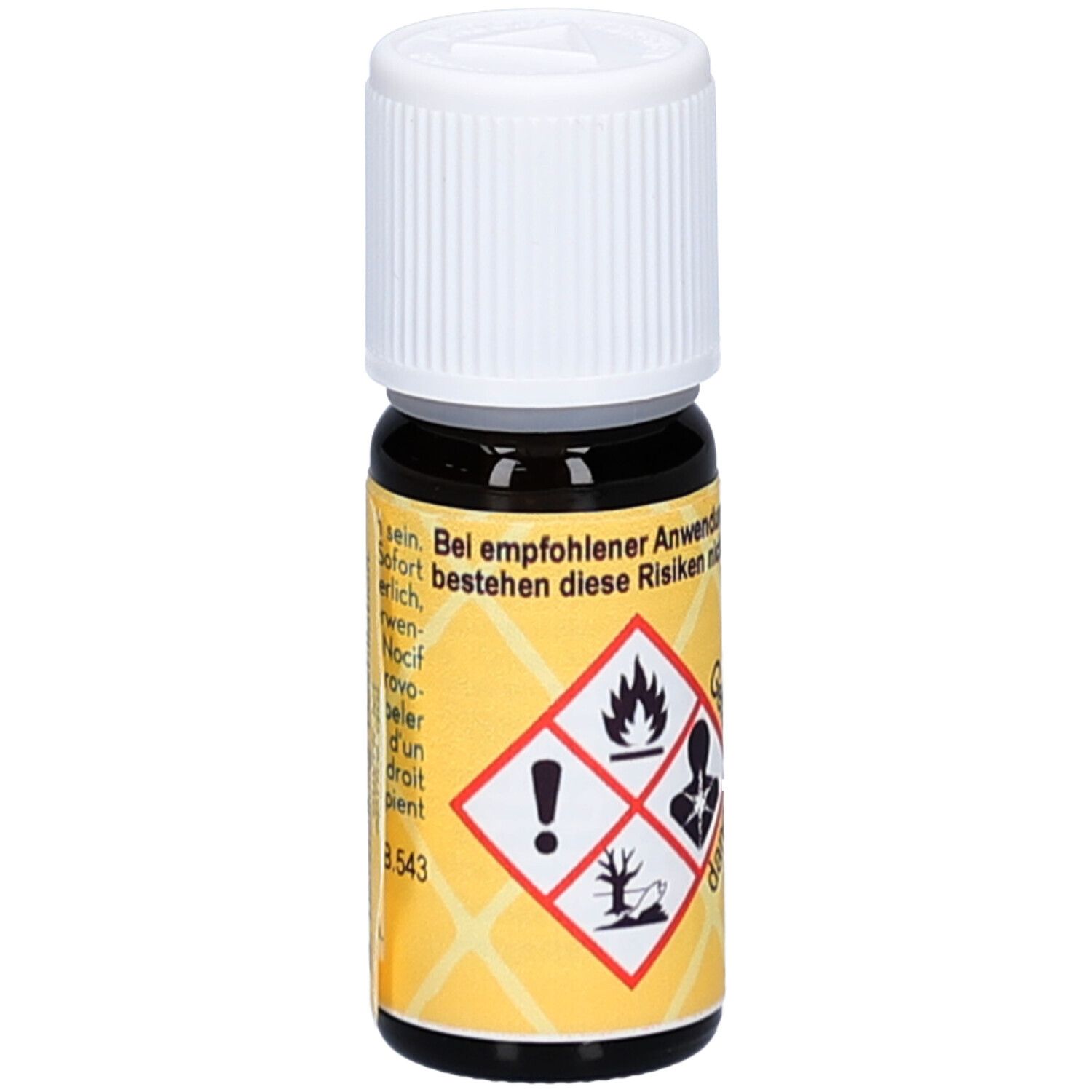 Bruine glazen fles met witte dop. Geel etiket met gevarensymbolen: uitroepteken, vlam, gezondheidsgevaar, milieu.