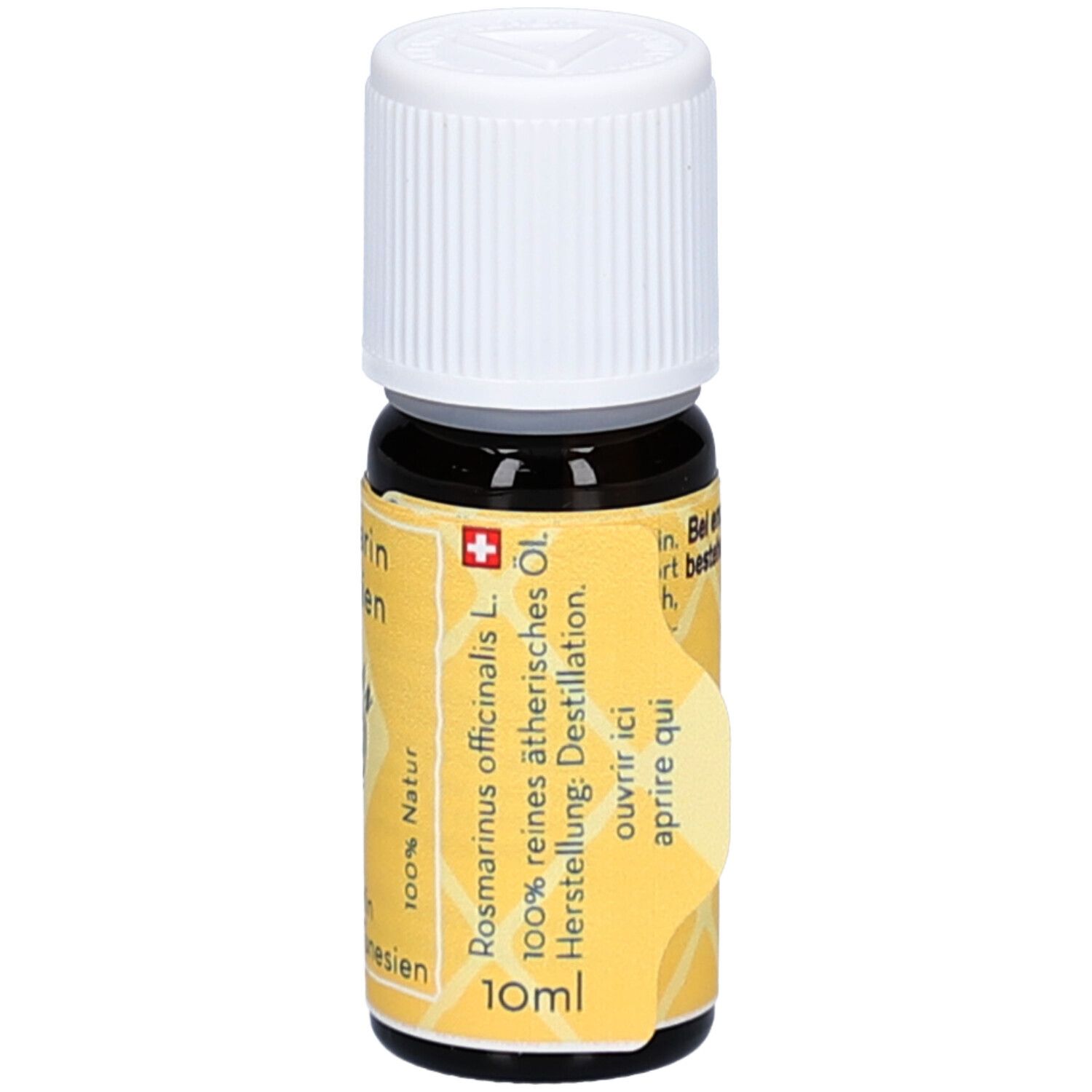 Bruine glazen fles met witte dop. Geel etiket met tekst: Rosmarin officinal, 100% pure etherische olie. 10ml. Zwitsers kruis.