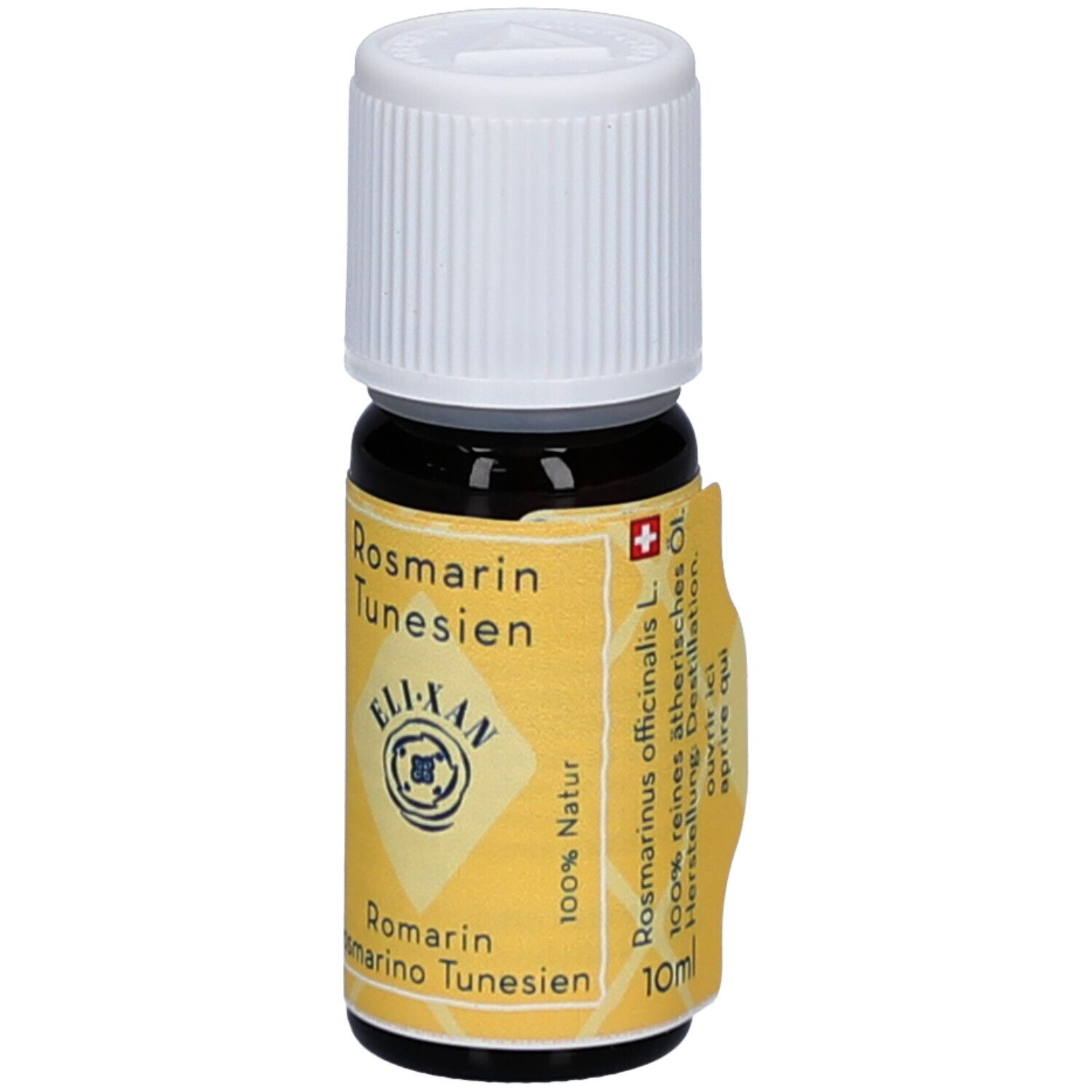 Bruine glazen fles met witte dop. Geel etiket met tekst: Rosmarin Tunesien, ELIXAN, 100% Natur. Zwitsers kruis. 10ml.