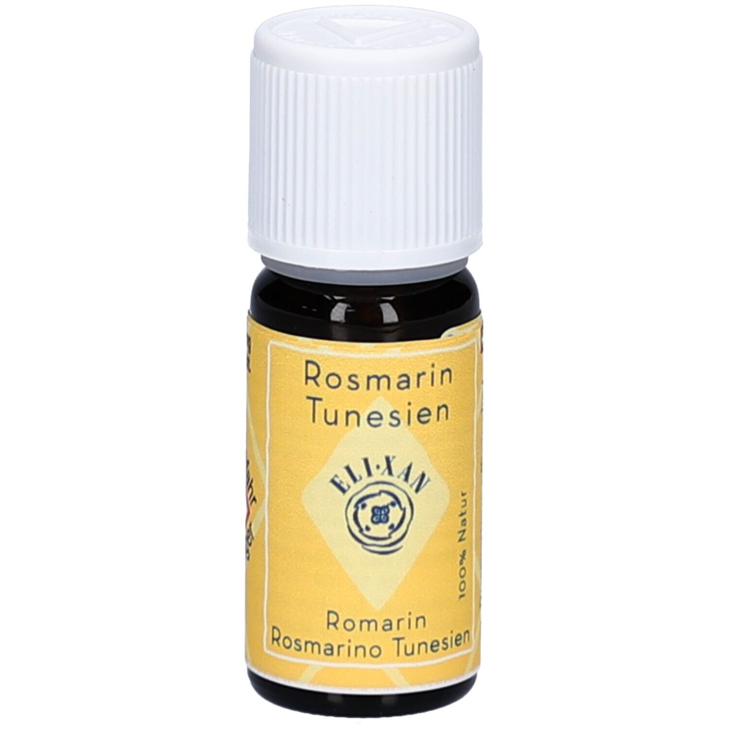 Bruine glazen fles met witte dop. Geel etiket met tekst: Rosmarin Tunesien, ELIXAN, 100% Natur. Zwitsers kruis.