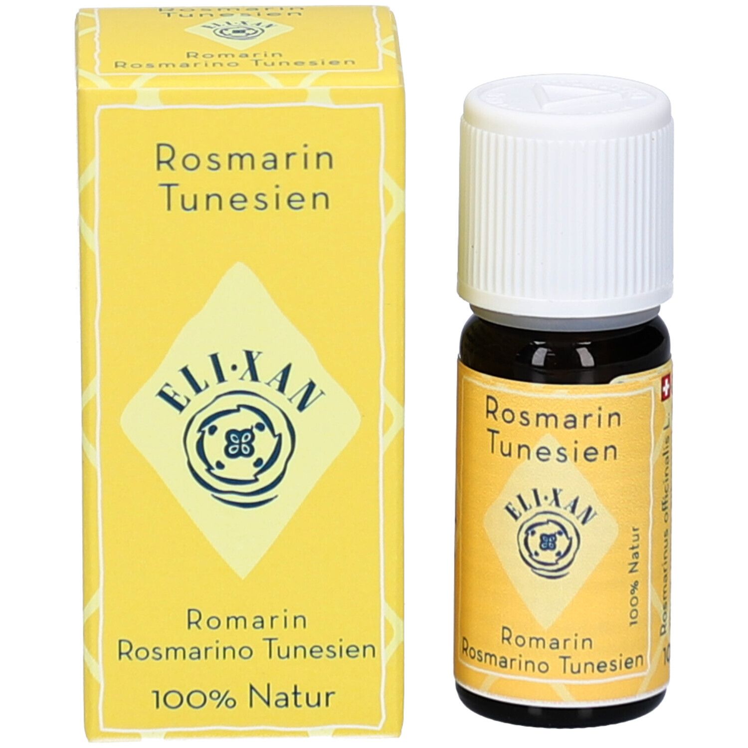 Bruine glazen fles en gele doos. Fles: witte dop, geel etiket. Doos: geel, tekst: Rosmarin Tunesien, ELIXAN, 100% Natur.