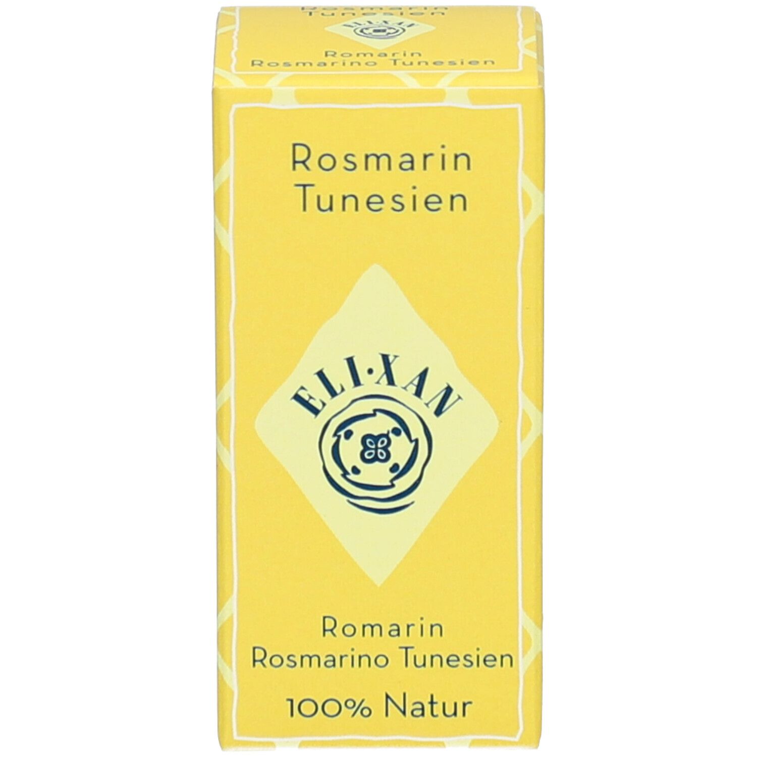 Gele doos met tekst: Rosmarin Tunesien, ELIXAN, 100% Natur. Opdruk: logo, Zwitsers kruis.