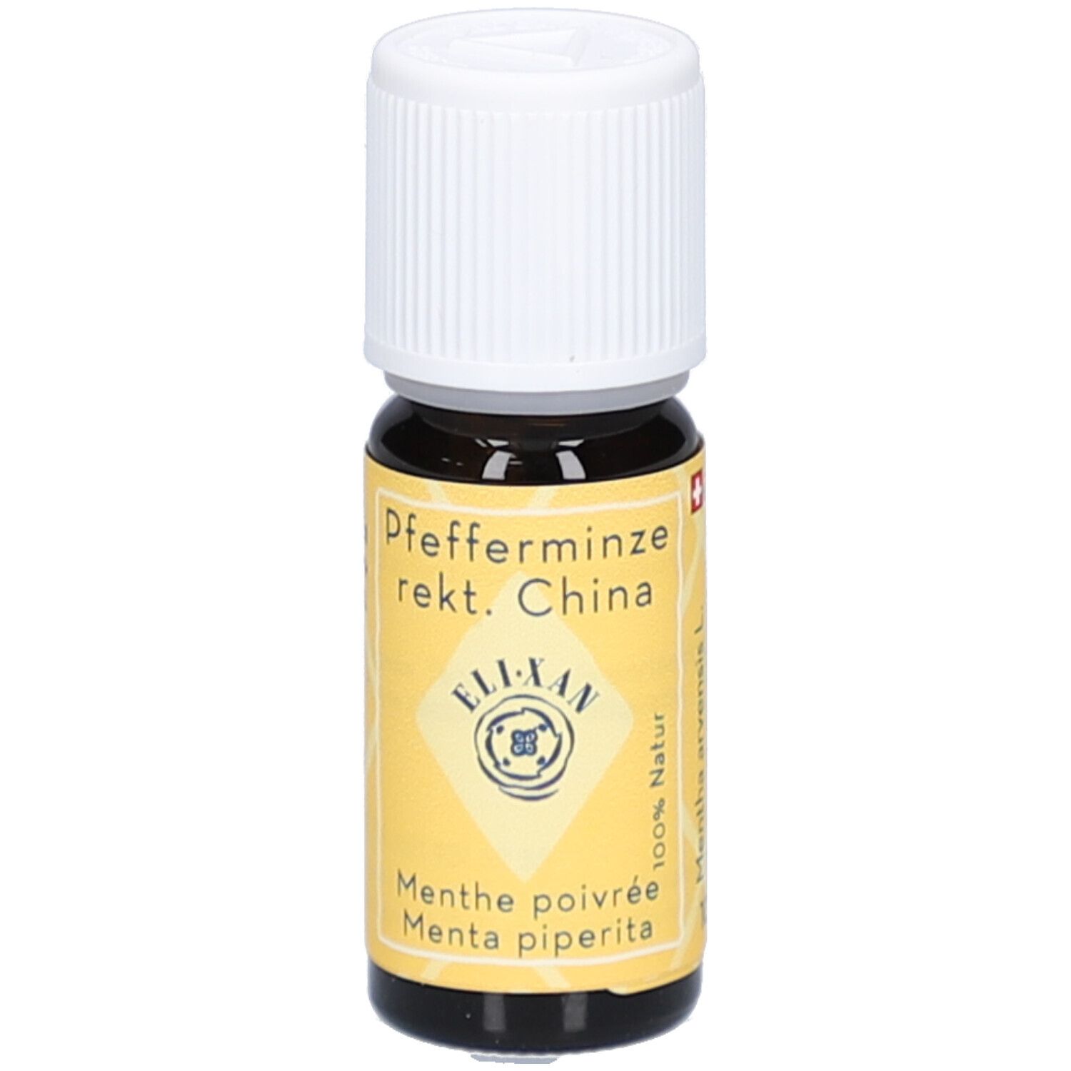 Bruine glazen fles met witte schroefdop. Geel etiket met productnaam en logo.