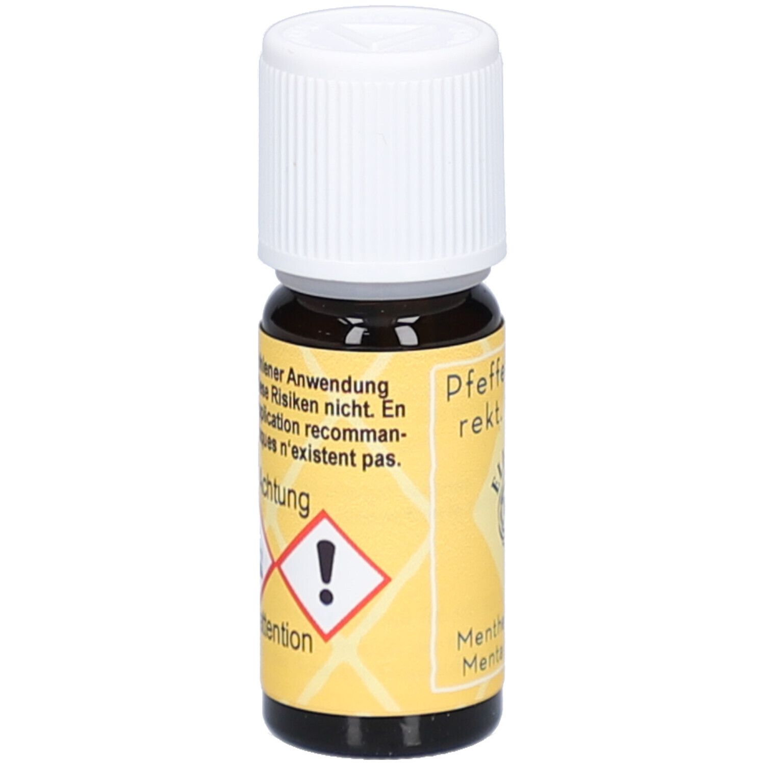 Bruine glazen fles met witte schroefdop. Geel etiket met waarschuwingen en symbolen.