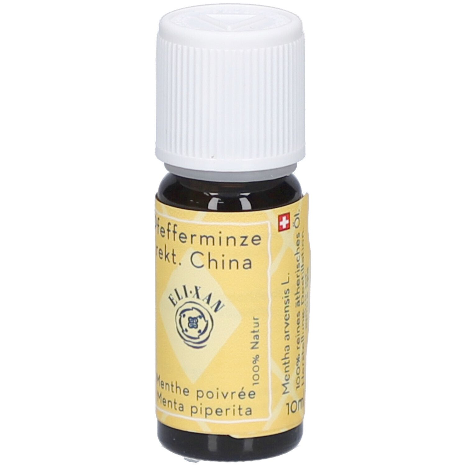 Bruine glazen fles met witte schroefdop. Geel etiket met productnaam en logo.