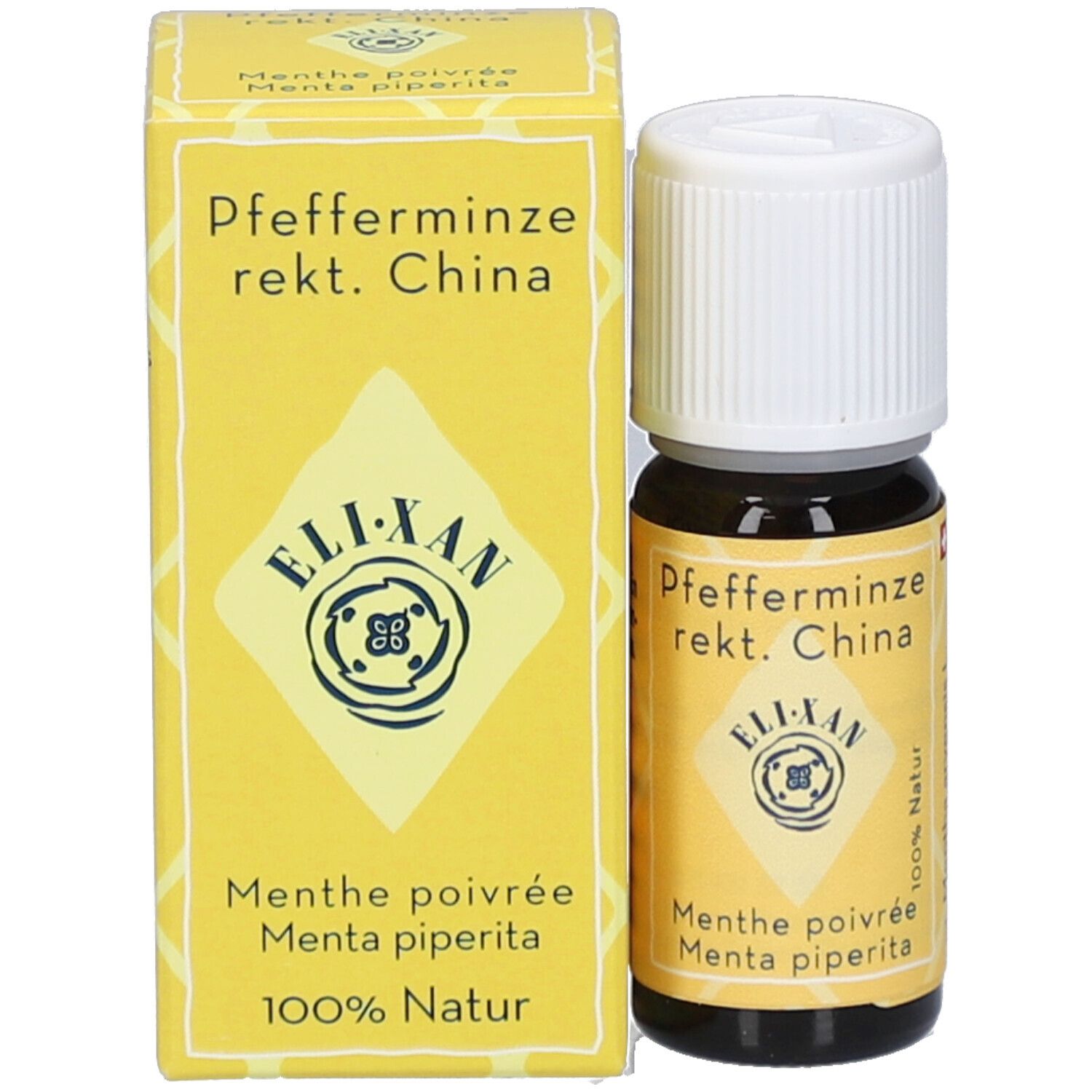 Bruine glazen fles met witte schroefdop en gele verpakking. Productnaam en logo.