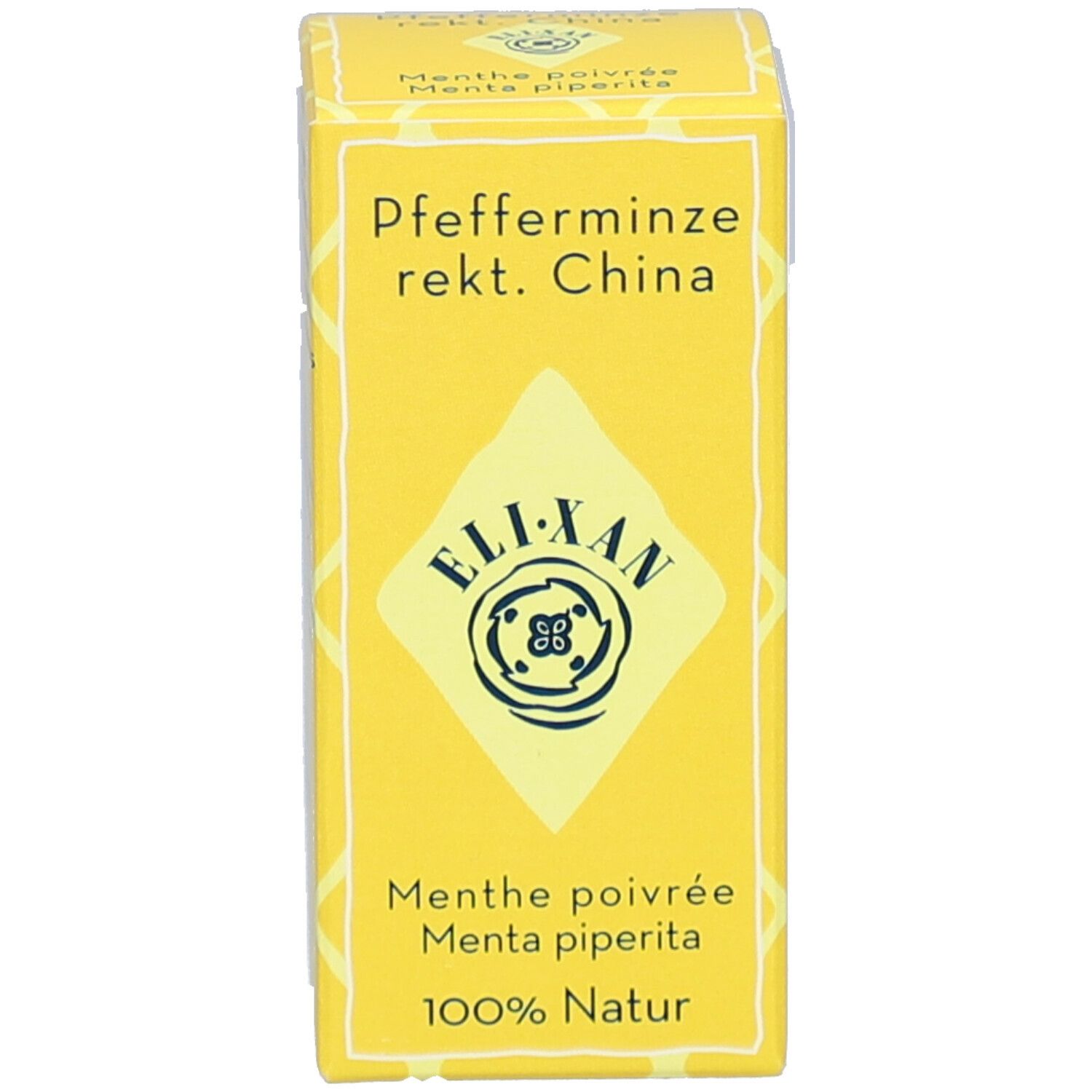 Gele productverpakking met productnaam en logo. Tekst in meerdere talen.
