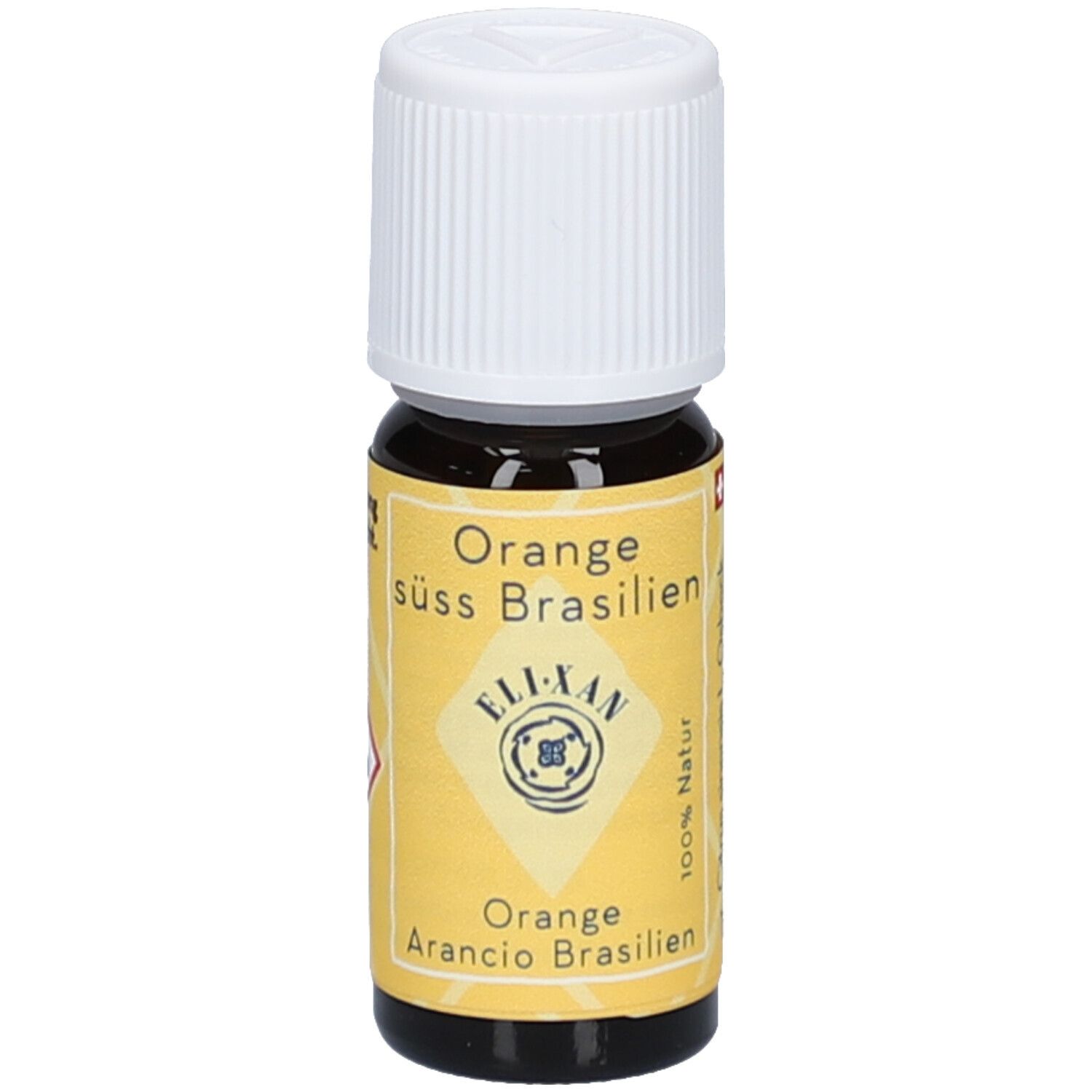 Flacon en verre brun avec bouchon blanc. Étiquette jaune avec texte: Orange doux Brésil, ELIXAN, 100% naturel.
