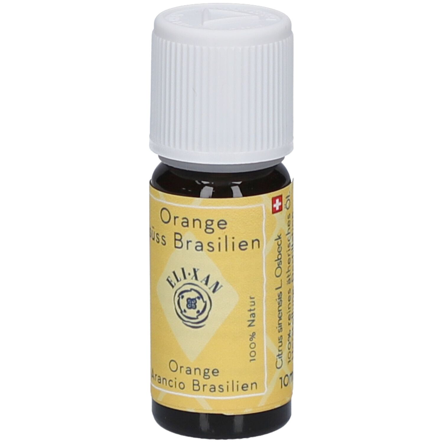 Flacon en verre brun avec bouchon blanc. Étiquette jaune avec texte: Orange doux Brésil, ELIXAN, 100% naturel, croix suisse.