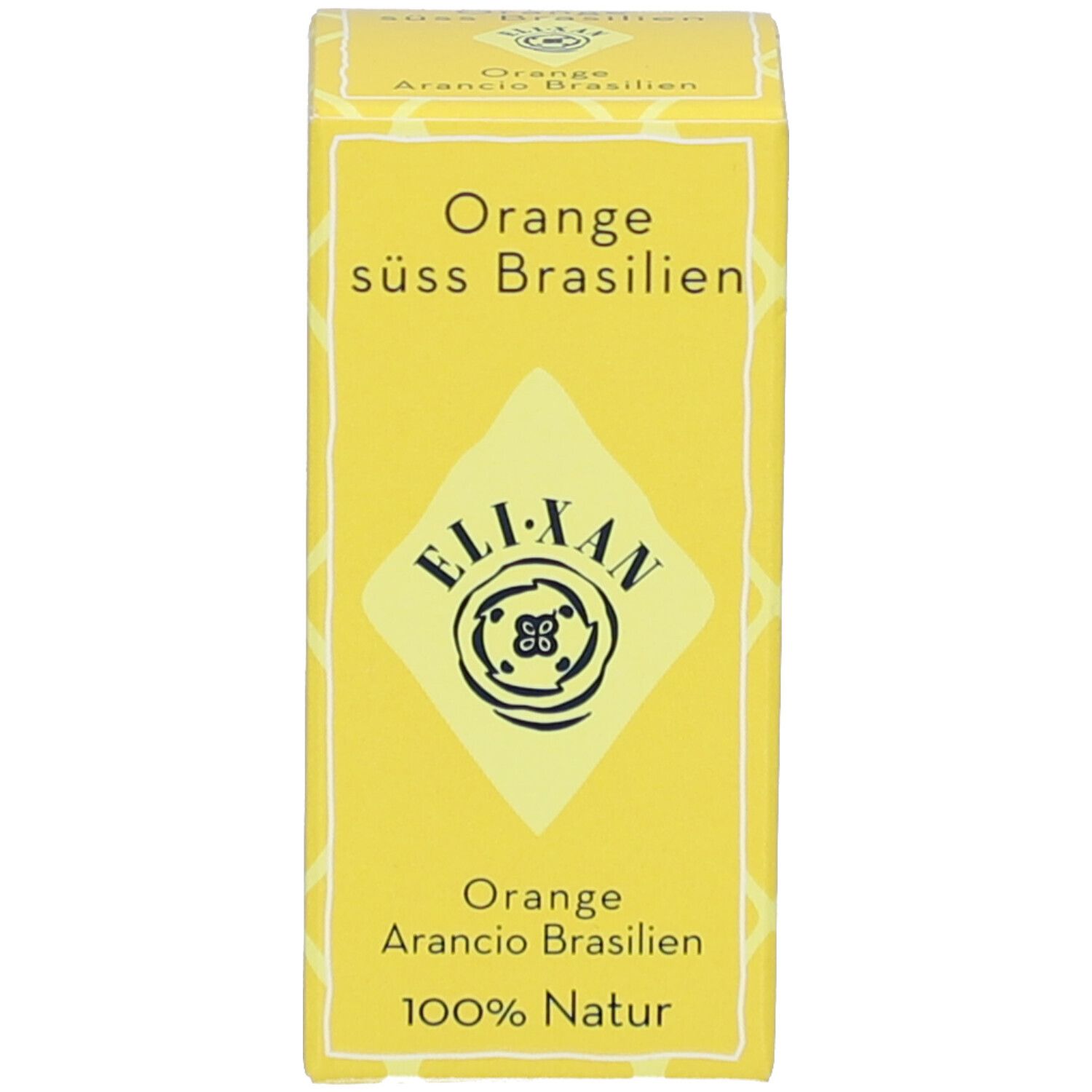 Boîte jaune avec texte: Orange doux Brésil, ELIXAN, 100% naturel.