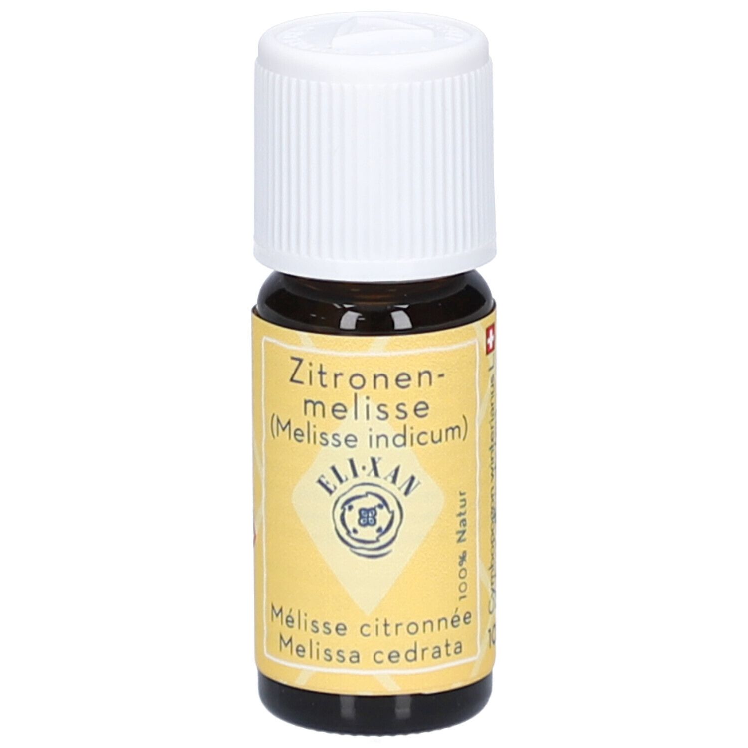 Bruine glazen fles met witte schroefdop. Geel etiket met tekst: Citroenmelisse, ELIXAN, Melissa cedrata.