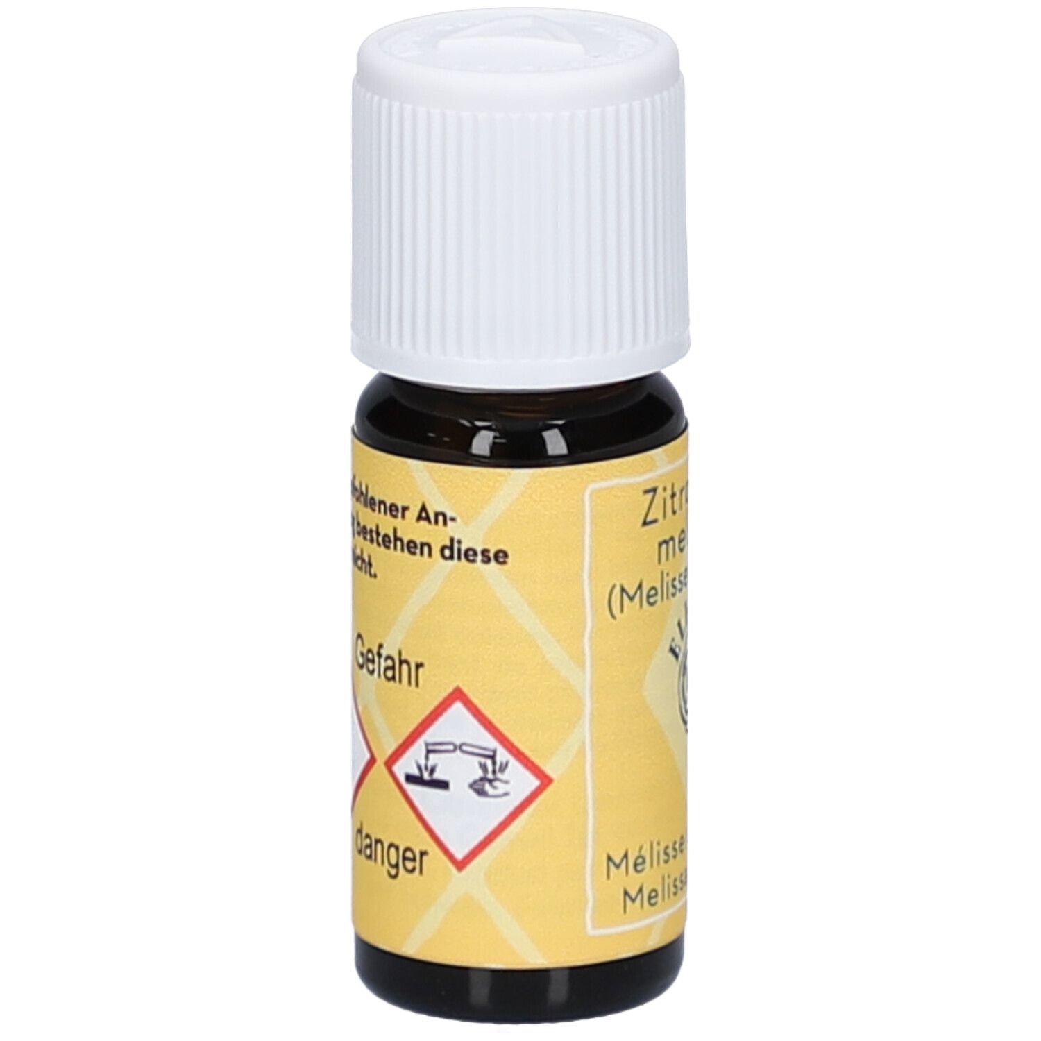 Bruine glazen fles met witte dop. Geel etiket met gevaarsymbolen. Tekst: Gevaar, danger.