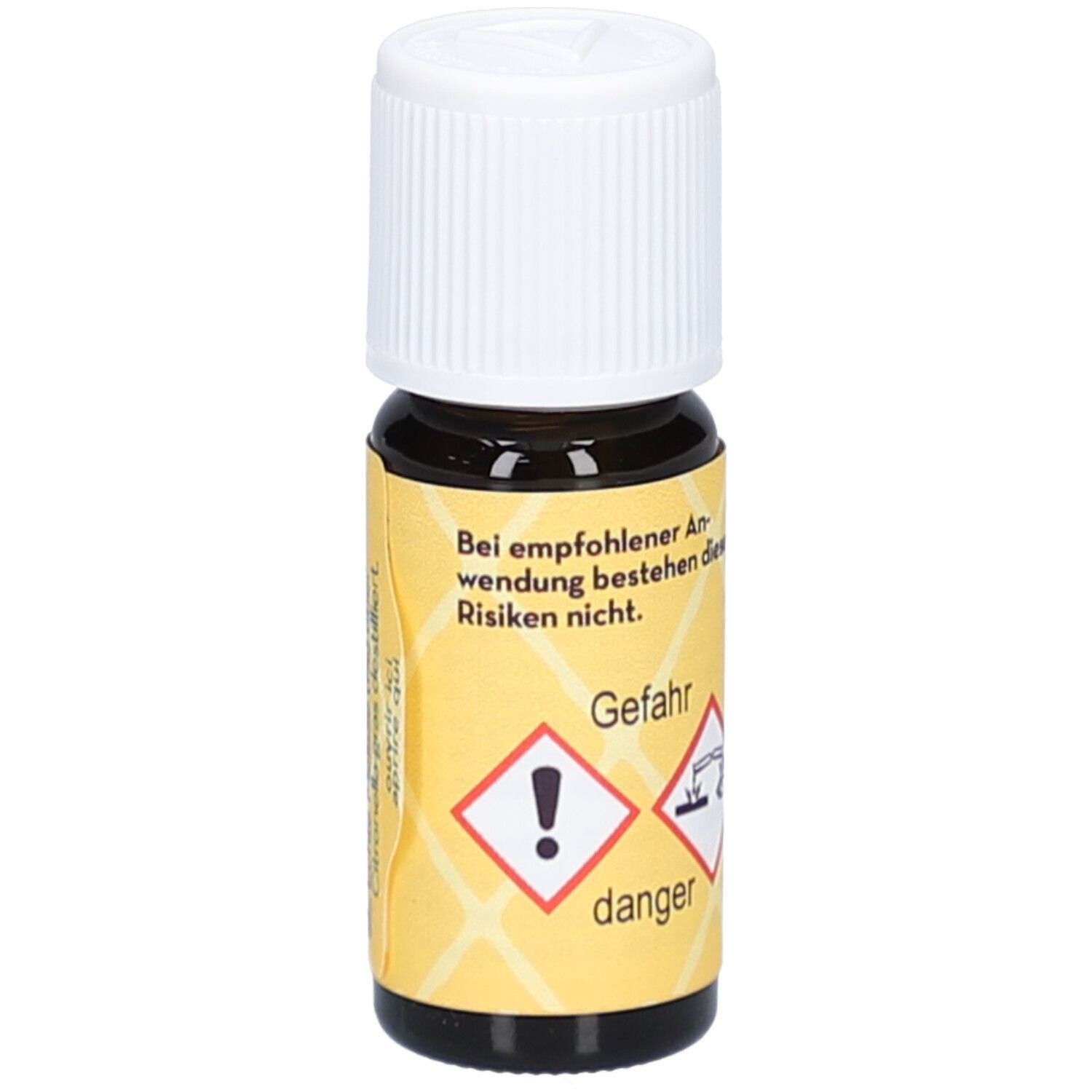 Bruine glazen fles met witte dop. Geel etiket met gevaarsymbolen. Tekst: Gevaar, danger.