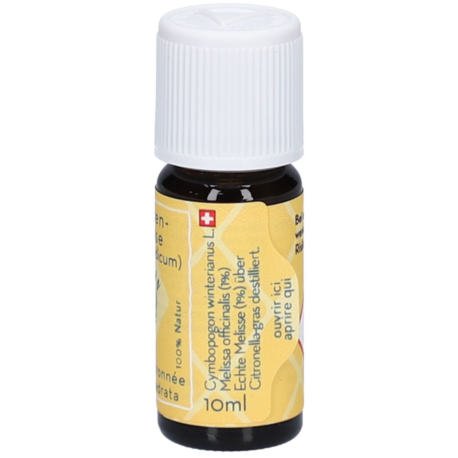 Bruine glazen fles met witte dop. Geel etiket met tekst: Citroenmelisse, 10ml, ELIXAN, 100% Natur.