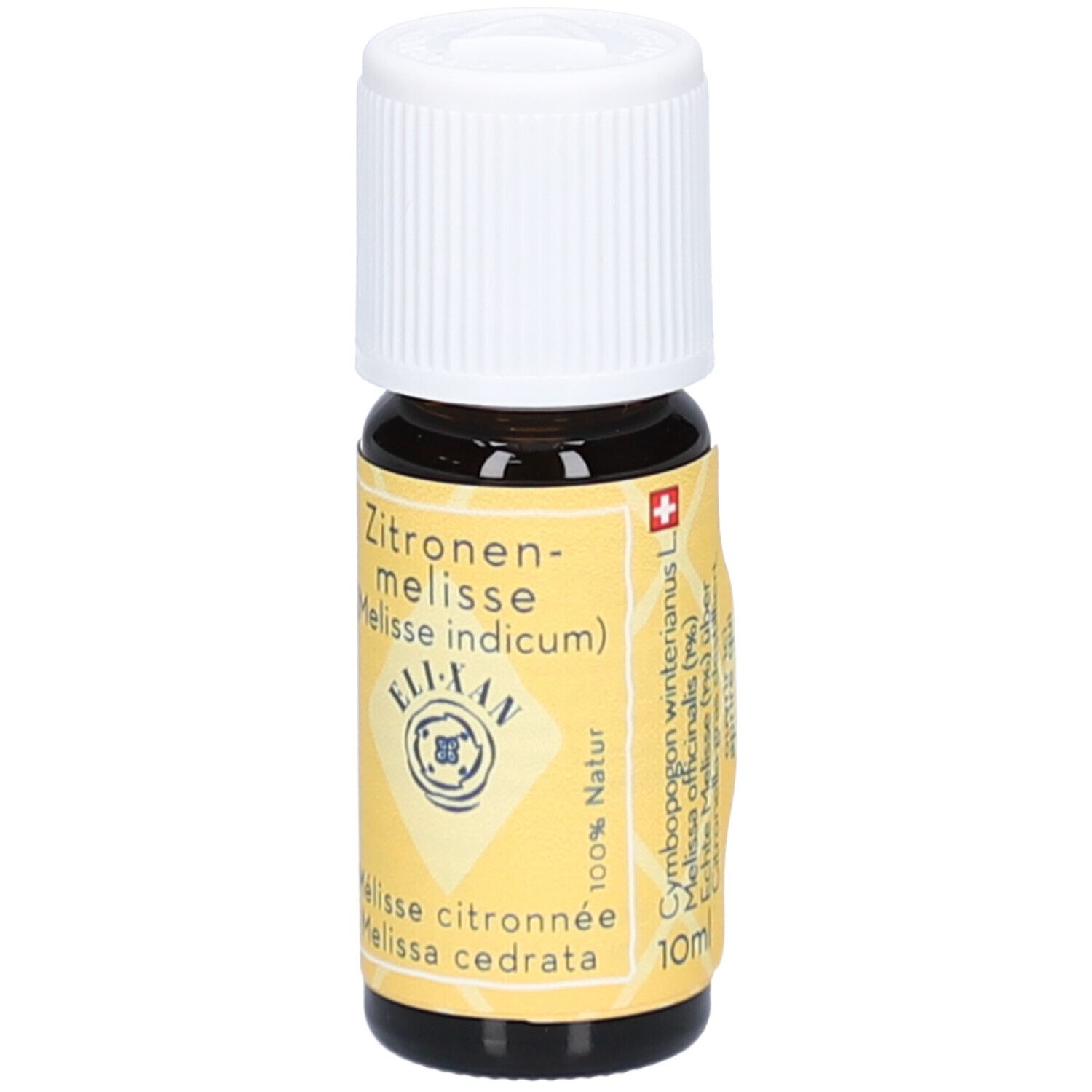 Bruine glazen fles met witte schroefdop. Geel etiket met tekst: Citroenmelisse, ELIXAN, Melissa cedrata.