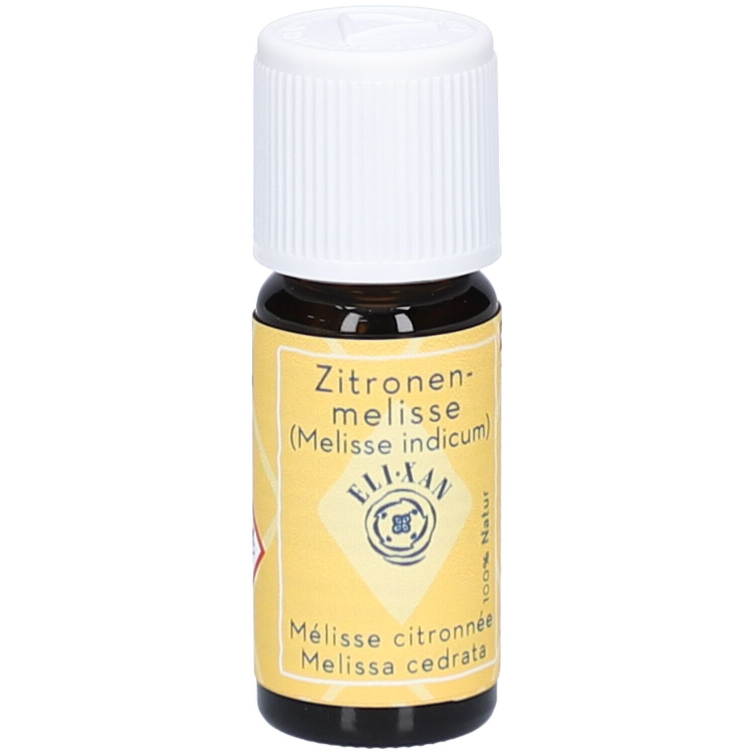 Bruine glazen fles met witte schroefdop. Geel etiket met tekst: Citroenmelisse, ELIXAN, Melissa cedrata.