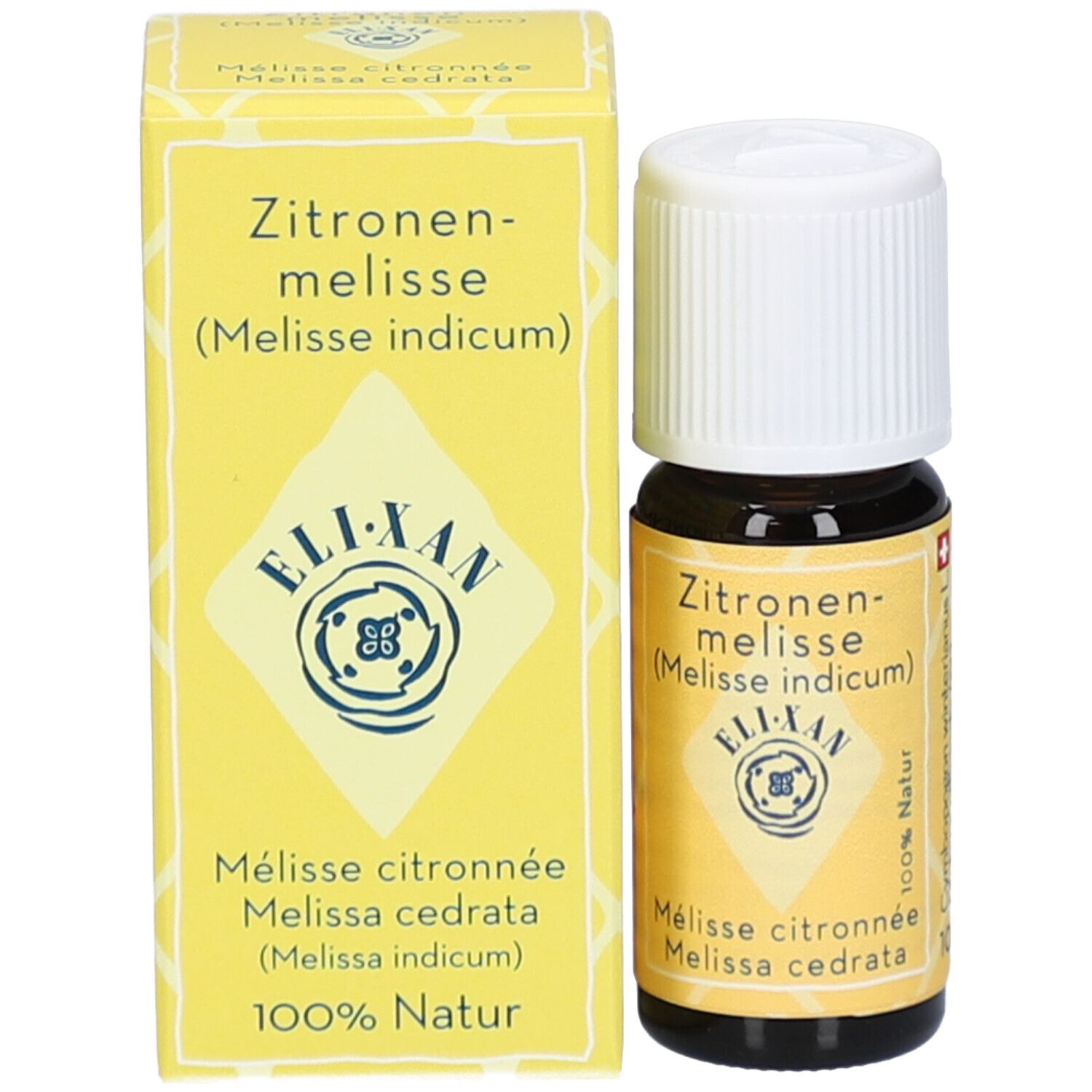 Bruine glazen fles en gele doos. Op de doos: Citroenmelisse, ELIXAN, Melissa cedrata, 100% Natur.