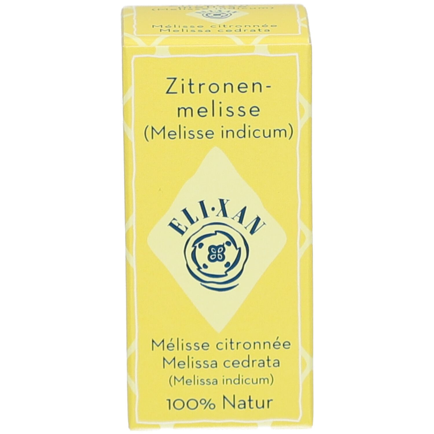 Gele doos met tekst: Citroenmelisse, ELIXAN, Melissa cedrata, 100% Natur.