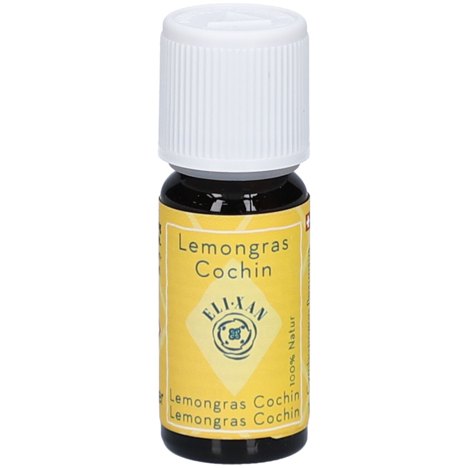 Bruine glazen fles met witte dop. Geel etiket met tekst: Lemongrass Cochin, ELIXAN, 100% natuurlijk.