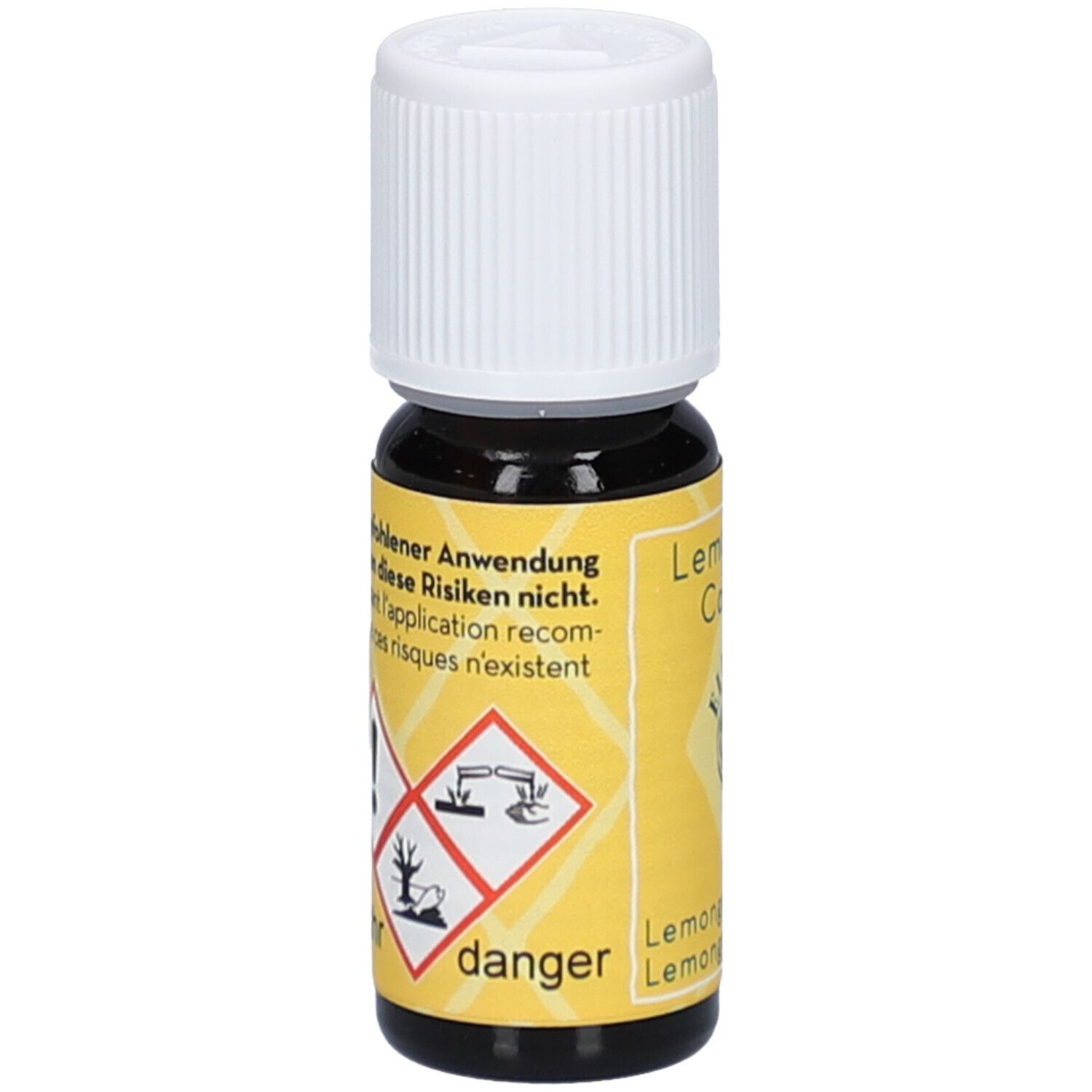 Bruine glazen fles met witte dop. Geel etiket met gevaarsymbolen en tekst: danger, Lemongrass Cochin.