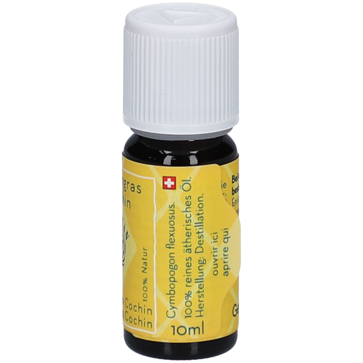 Bruine glazen fles met witte dop. Geel etiket met tekst: Lemongrass Cochin, 100% pure etherische olie, 10ml.