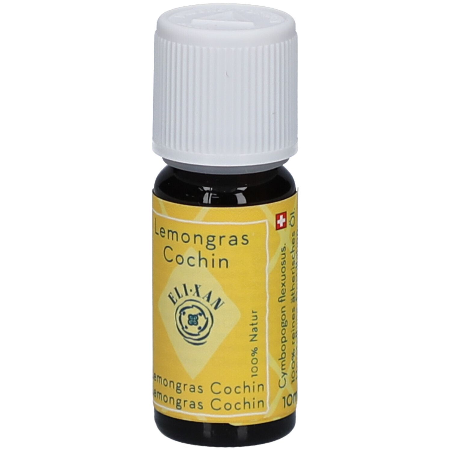 Bruine glazen fles met witte dop. Geel etiket met tekst: Lemongrass Cochin, ELIXAN, 100% natuurlijk, 10ml.