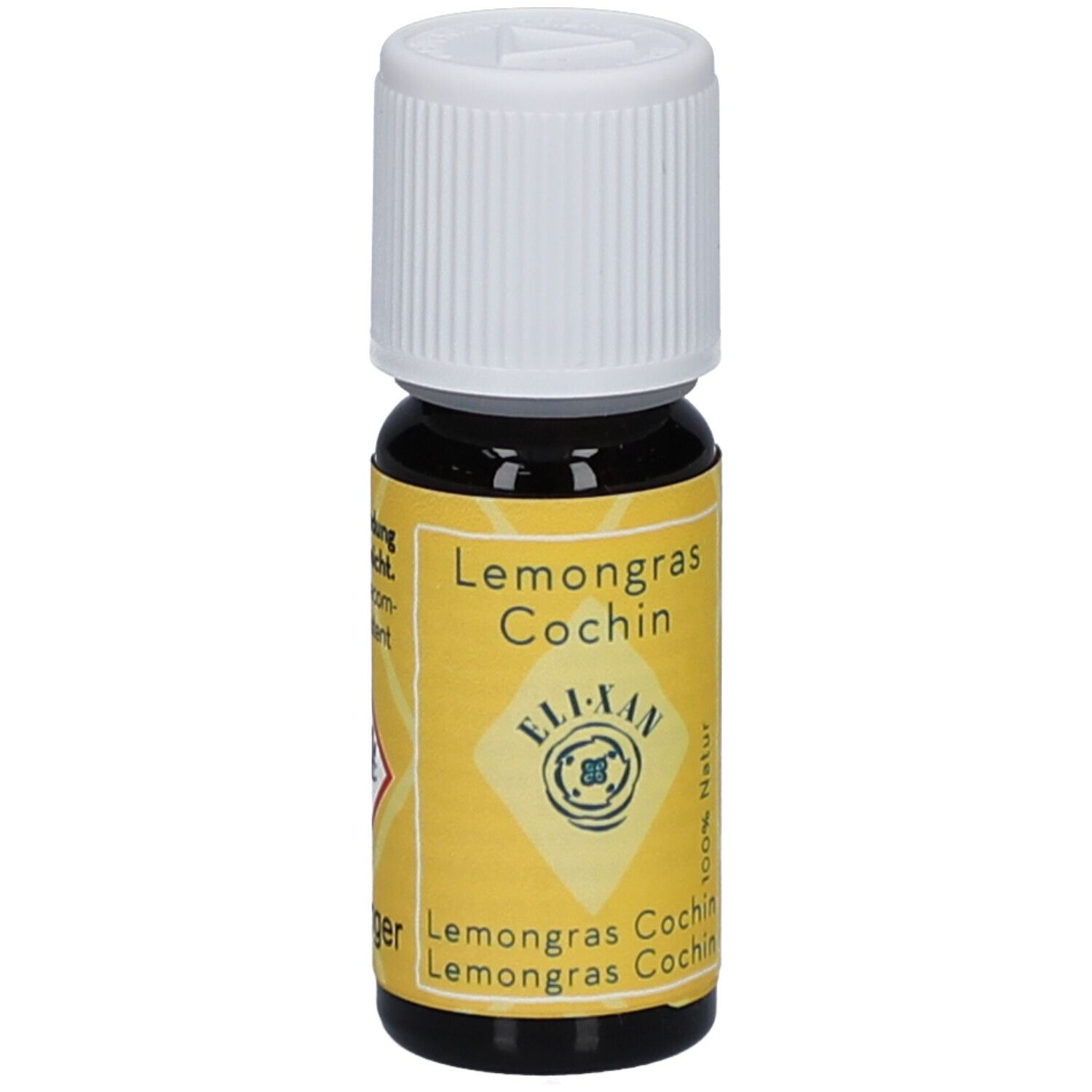 Bruine glazen fles met witte dop. Geel etiket met tekst: Lemongrass Cochin, ELIXAN, 100% natuurlijk.