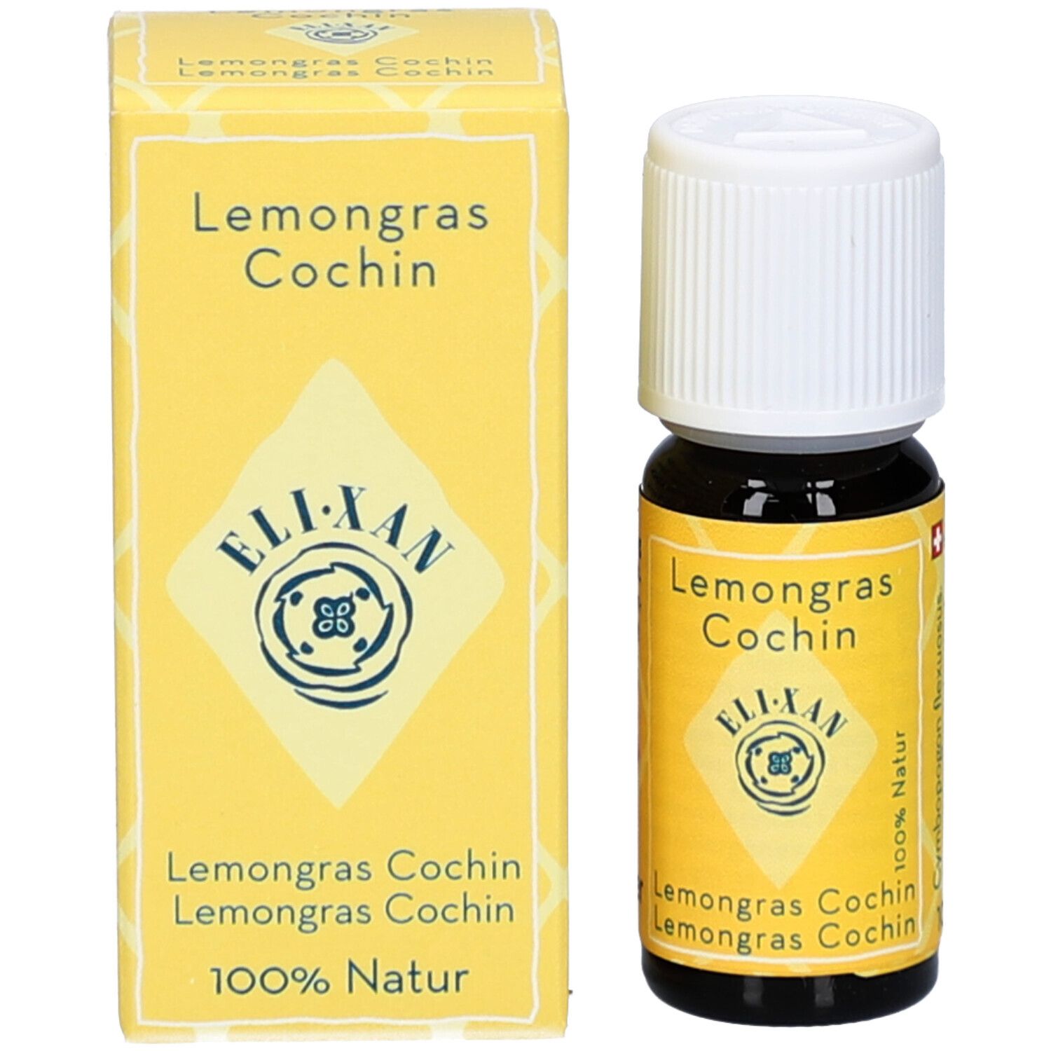 Bruine glazen fles en doos. Fles met witte dop, geel etiket. Doos geel met tekst: Lemongrass Cochin, ELIXAN.