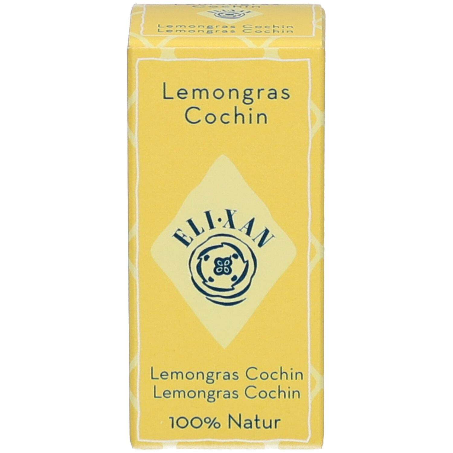 Gele doos met tekst: Lemongrass Cochin, ELIXAN, 100% natuurlijk.