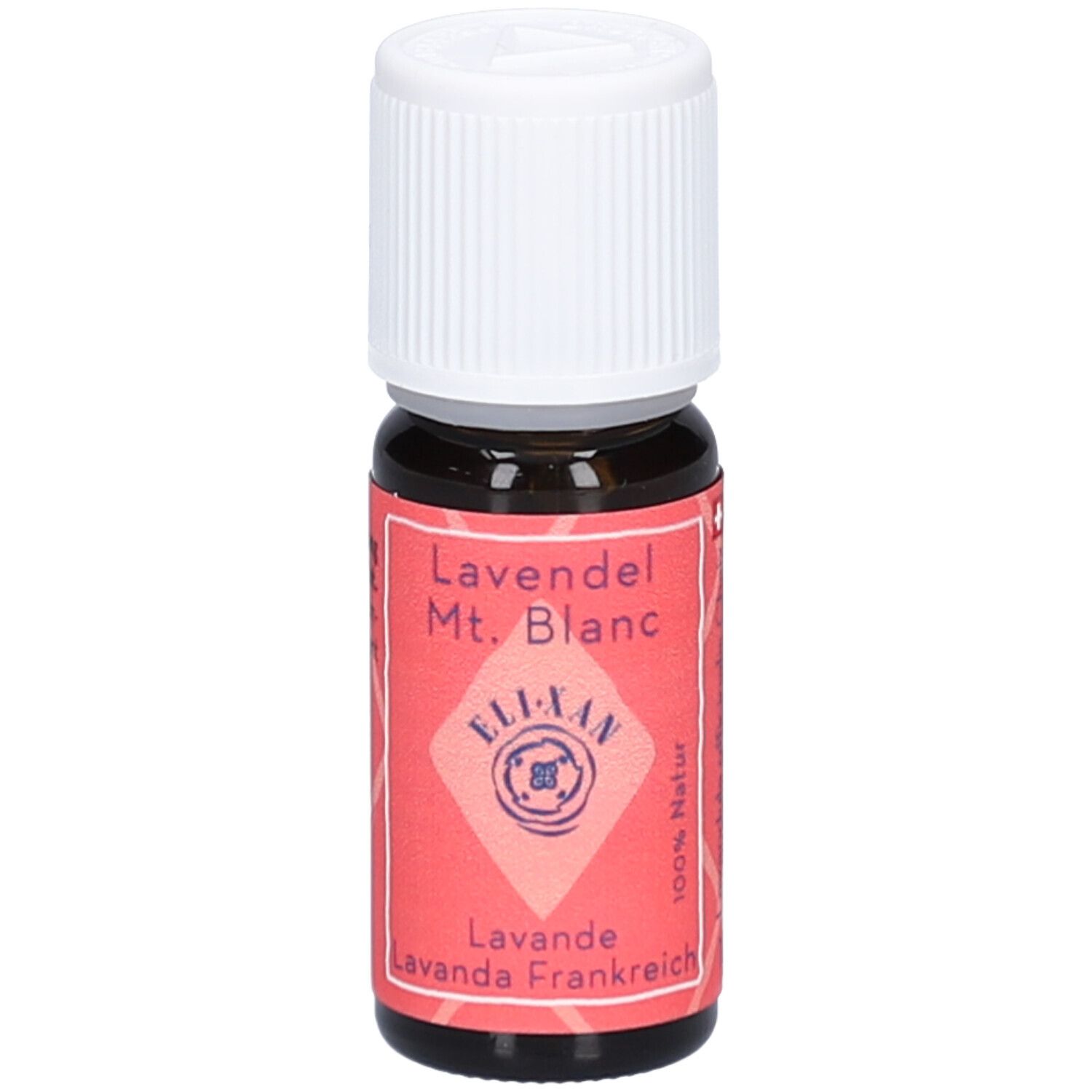 Bruine glazen fles met witte schroefdop. Rood etiket met tekst: Lavendel Mt. Blanc, ELIXAN, Lavande, 100% natuurlijk.