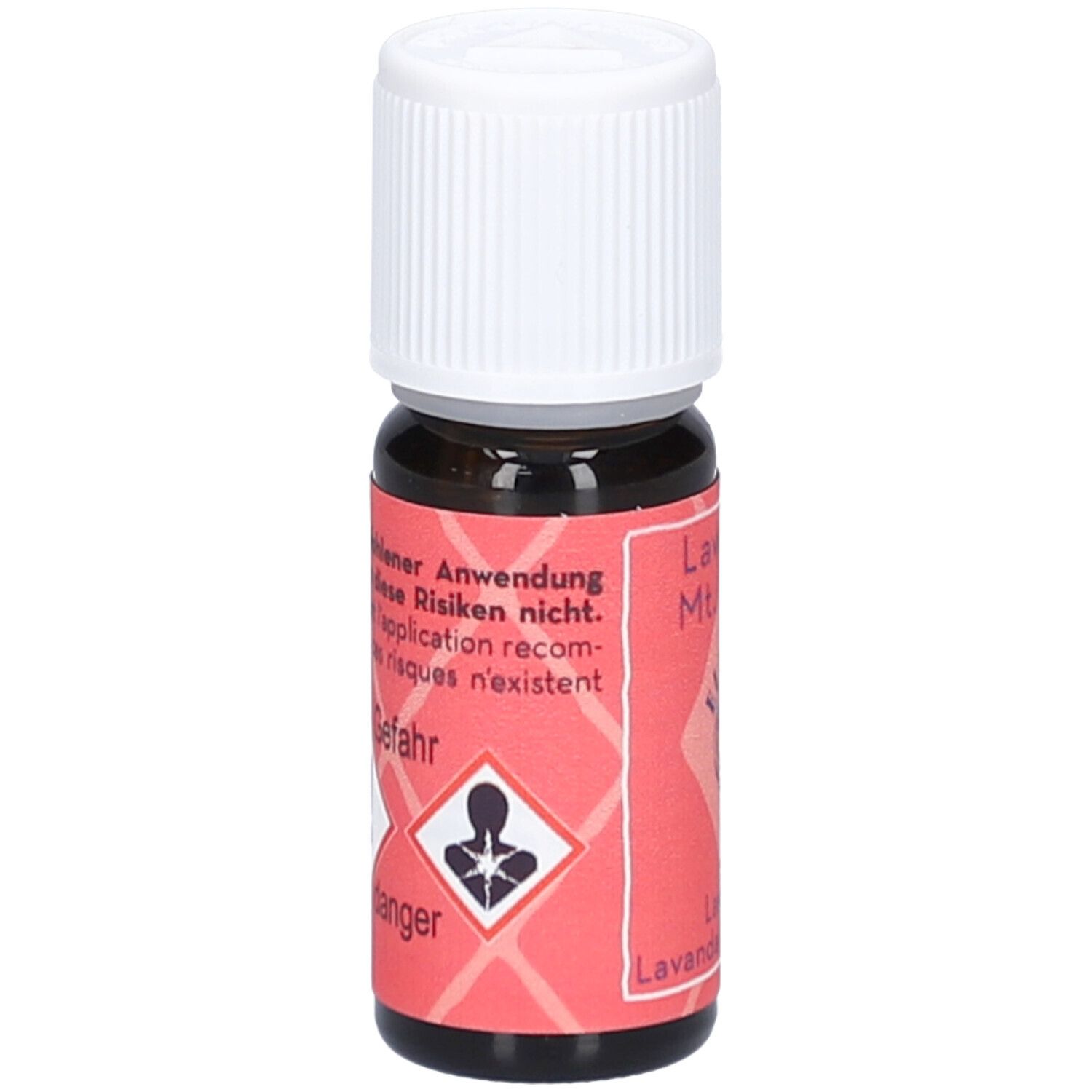 Bruine glazen fles met witte schroefdop. Rood etiket met gevaarsymbolen en tekst: Lavendel Mt. Blanc, ELIXAN.