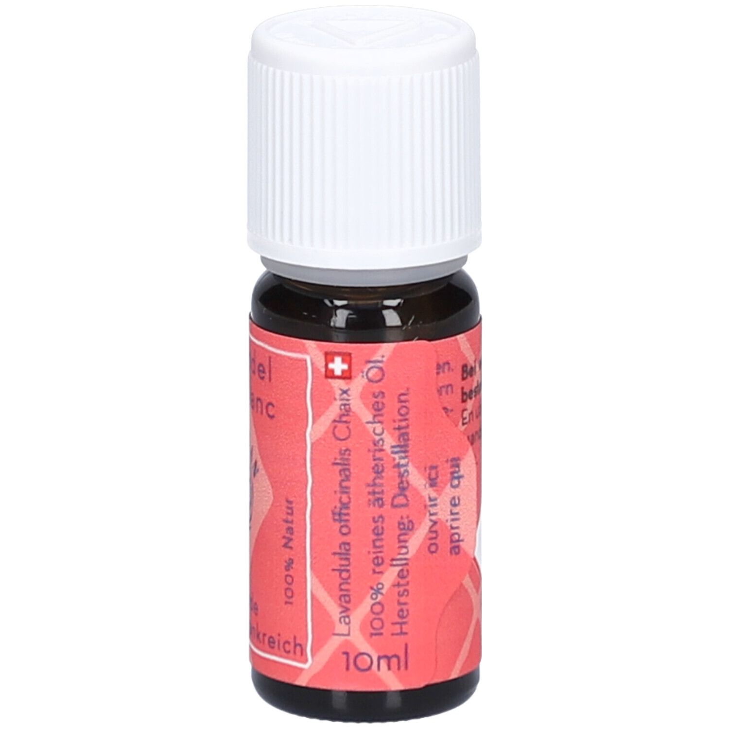 Bruine glazen fles met witte schroefdop. Rood etiket met tekst: Lavendel Mt. Blanc, 100% pure etherische olie, 10ml.