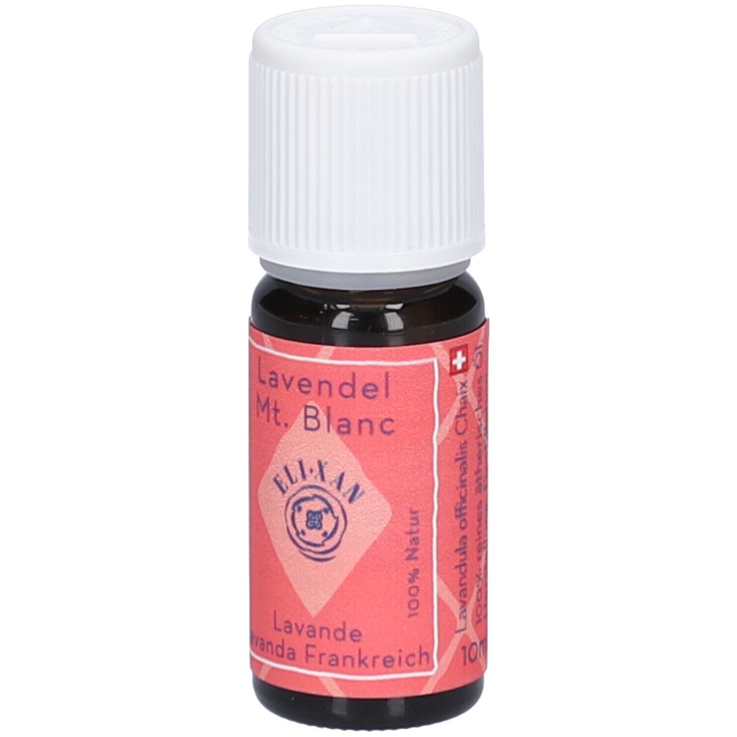 Bruine glazen fles met witte schroefdop. Rood etiket met tekst: Lavendel Mt. Blanc, ELIXAN, Lavande, 100% natuurlijk, 10ml.