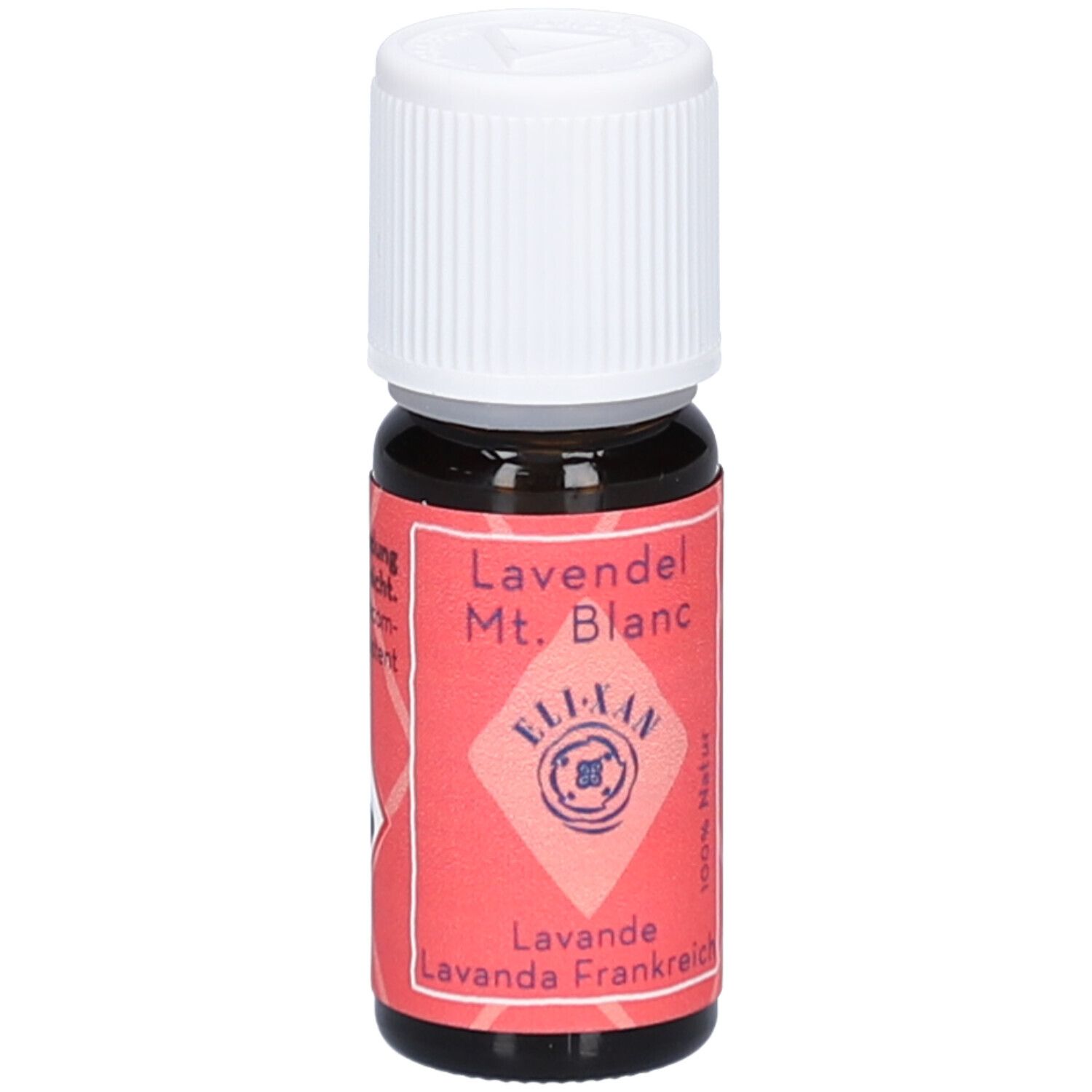 Bruine glazen fles met witte schroefdop. Rood etiket met tekst: Lavendel Mt. Blanc, ELIXAN, Lavande, 100% natuurlijk.