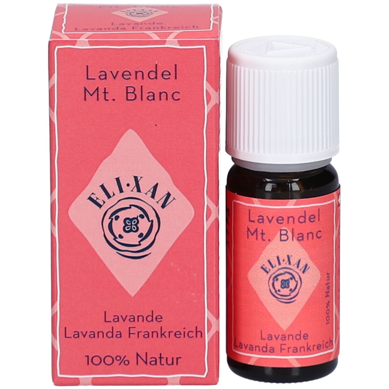Bruine glazen fles met witte schroefdop en doos. Doos en fles met tekst: Lavendel Mt. Blanc, ELIXAN, Lavande, 100% natuurlijk.