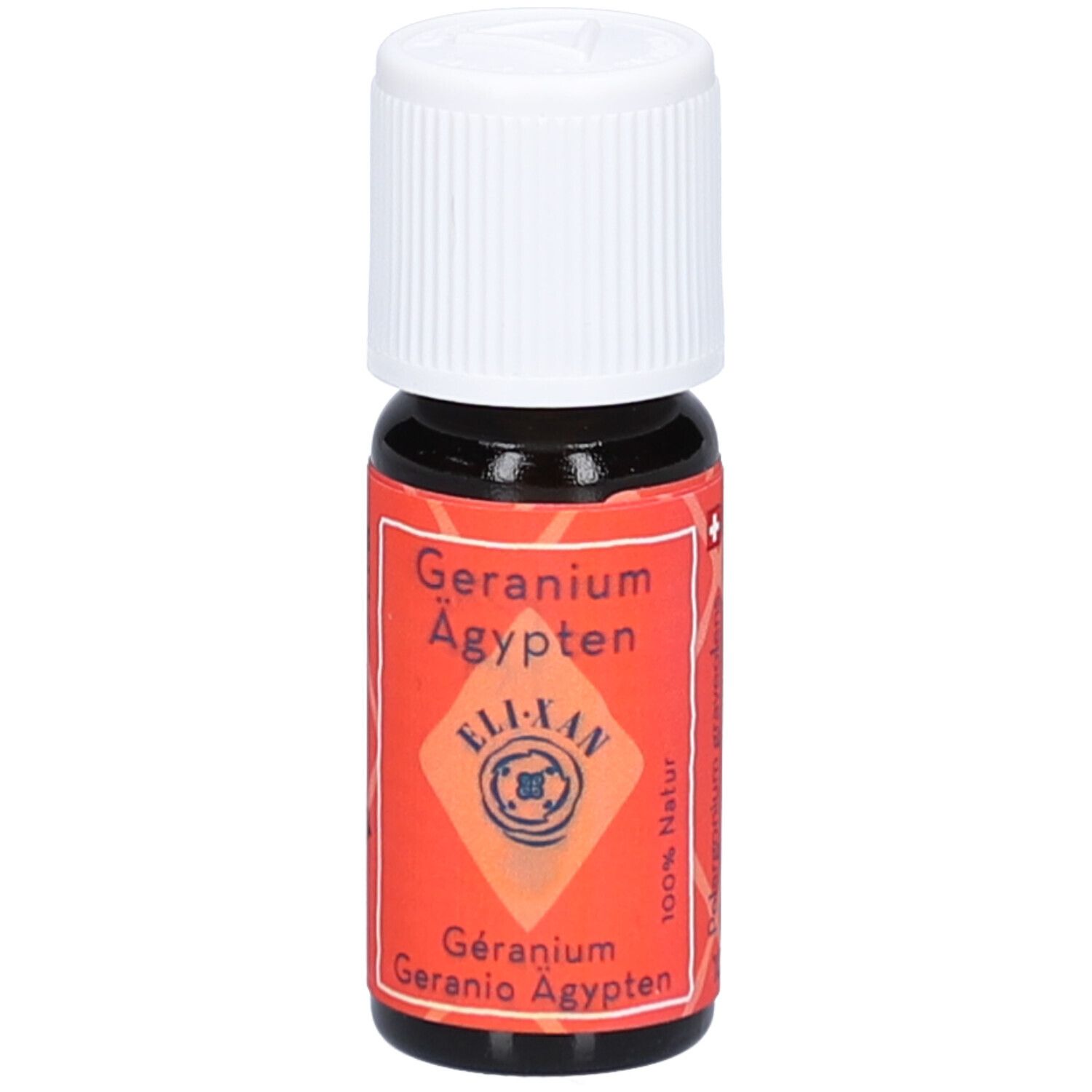 Bruine glazen fles met witte schroefdop. Rood etiket met tekst: Geranium Ägypten, ELIXAN, 100% Natur.