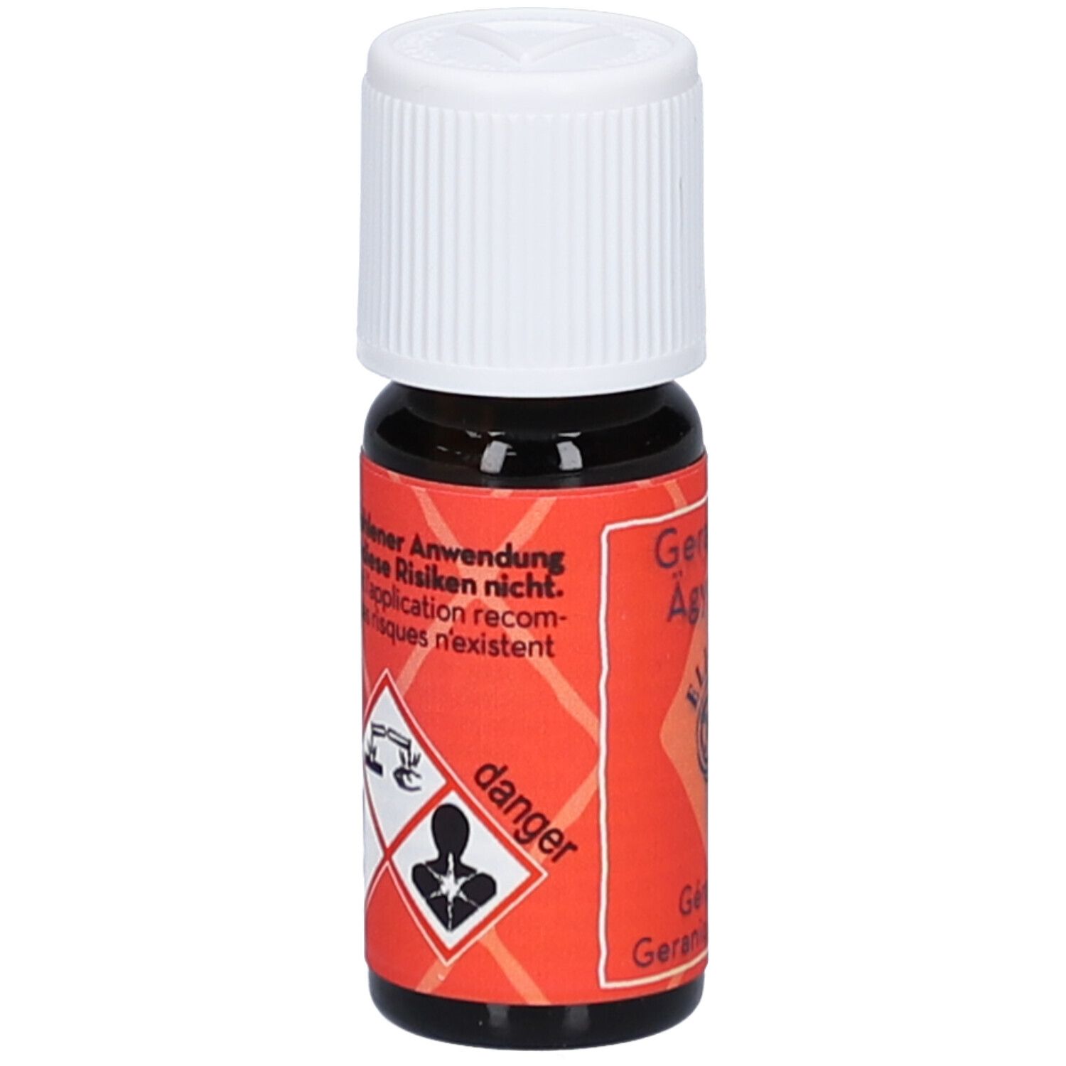 Bruine glazen fles met witte schroefdop. Rood etiket met gevaarsymbolen en tekst: danger.