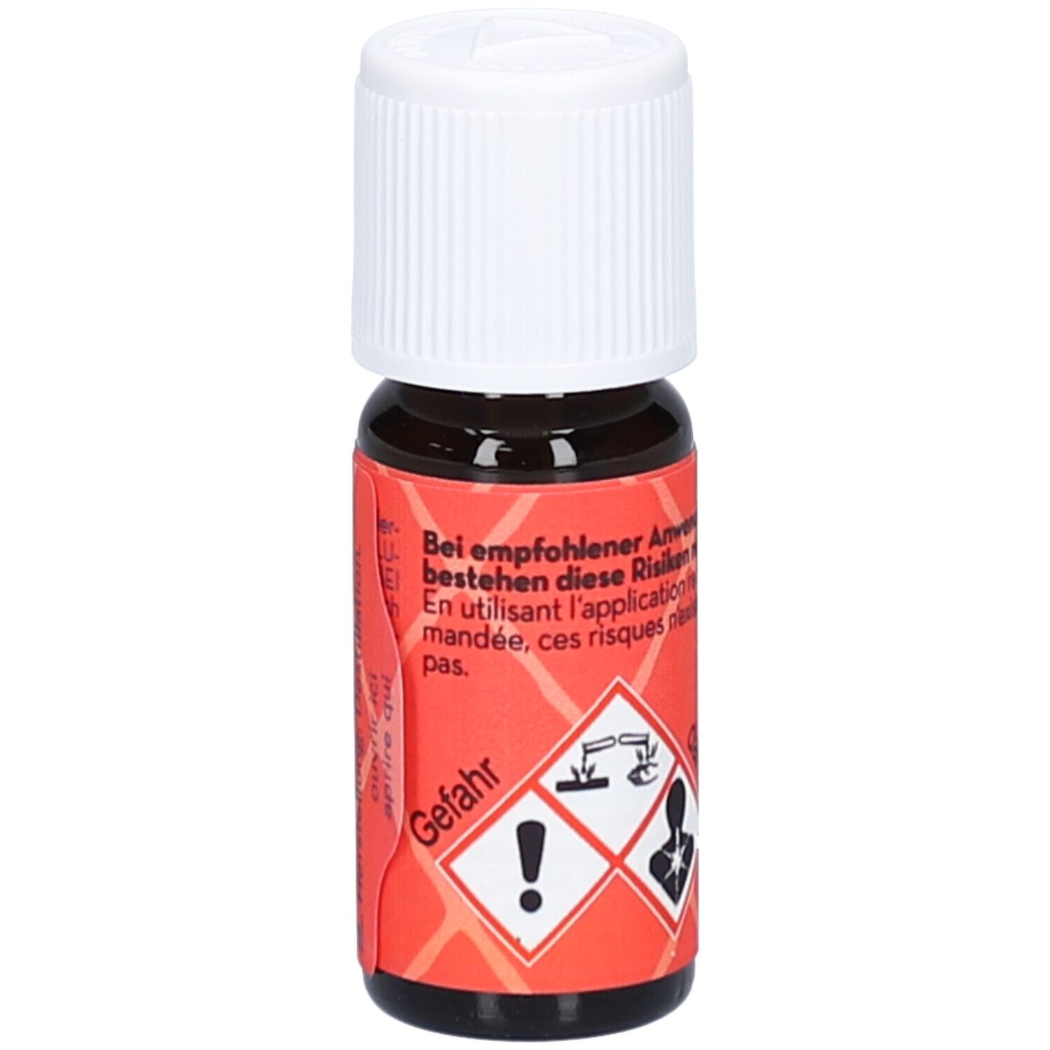 Bruine glazen fles met witte schroefdop. Rood etiket met gevaarsymbolen en tekst: Gefahr.