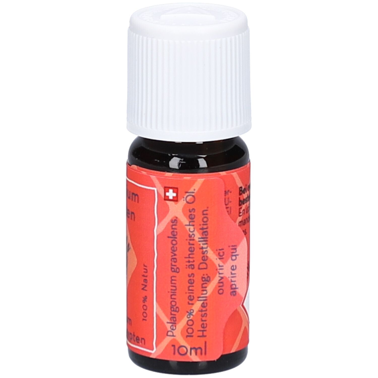 Bruine glazen fles met witte schroefdop. Rood etiket met tekst: Pelargonium graveolens, 100% pure etherische olie, 10ml.