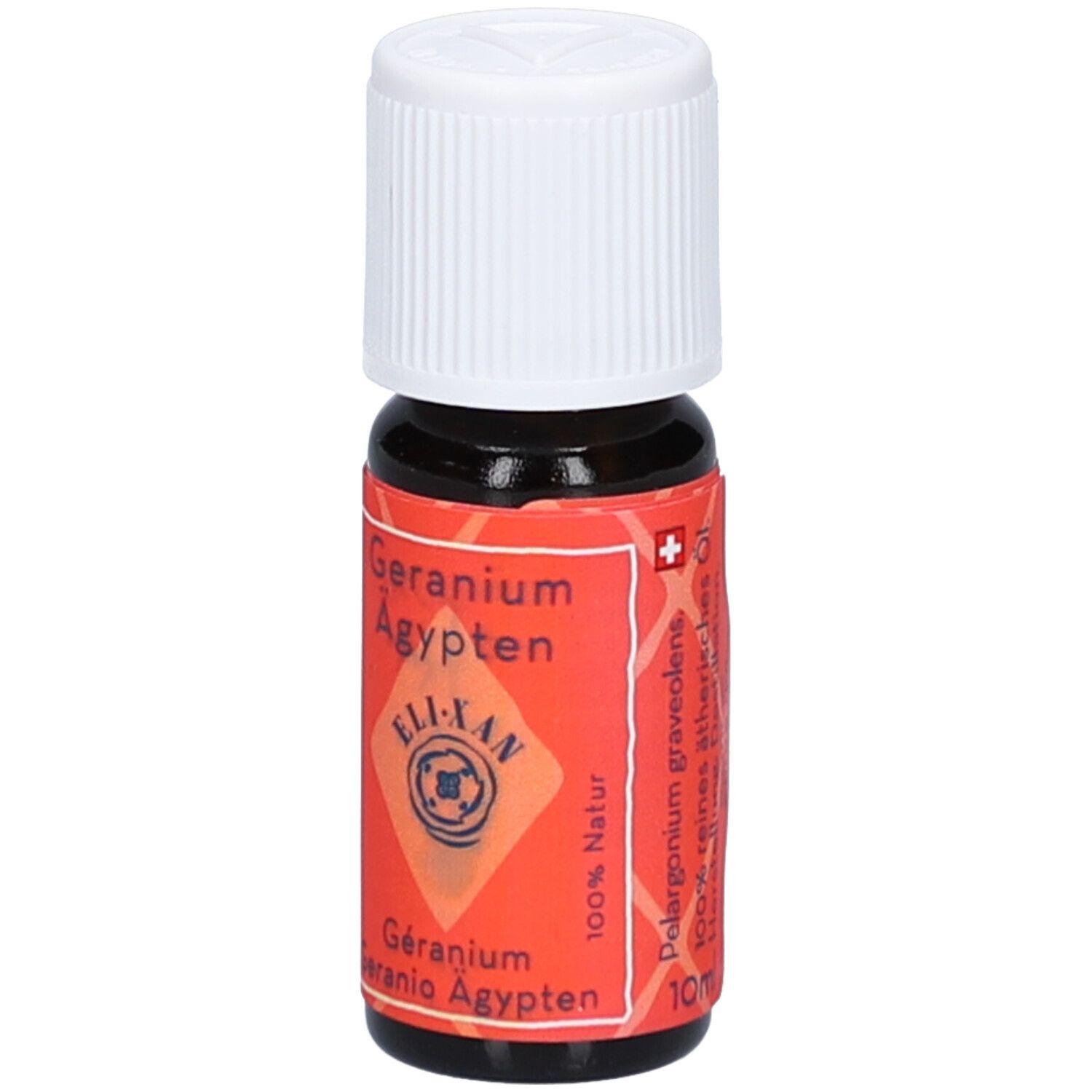 Bruine glazen fles met witte schroefdop. Rood etiket met tekst: Geranium Ägypten, ELIXAN, 100% Natur, 10ml.