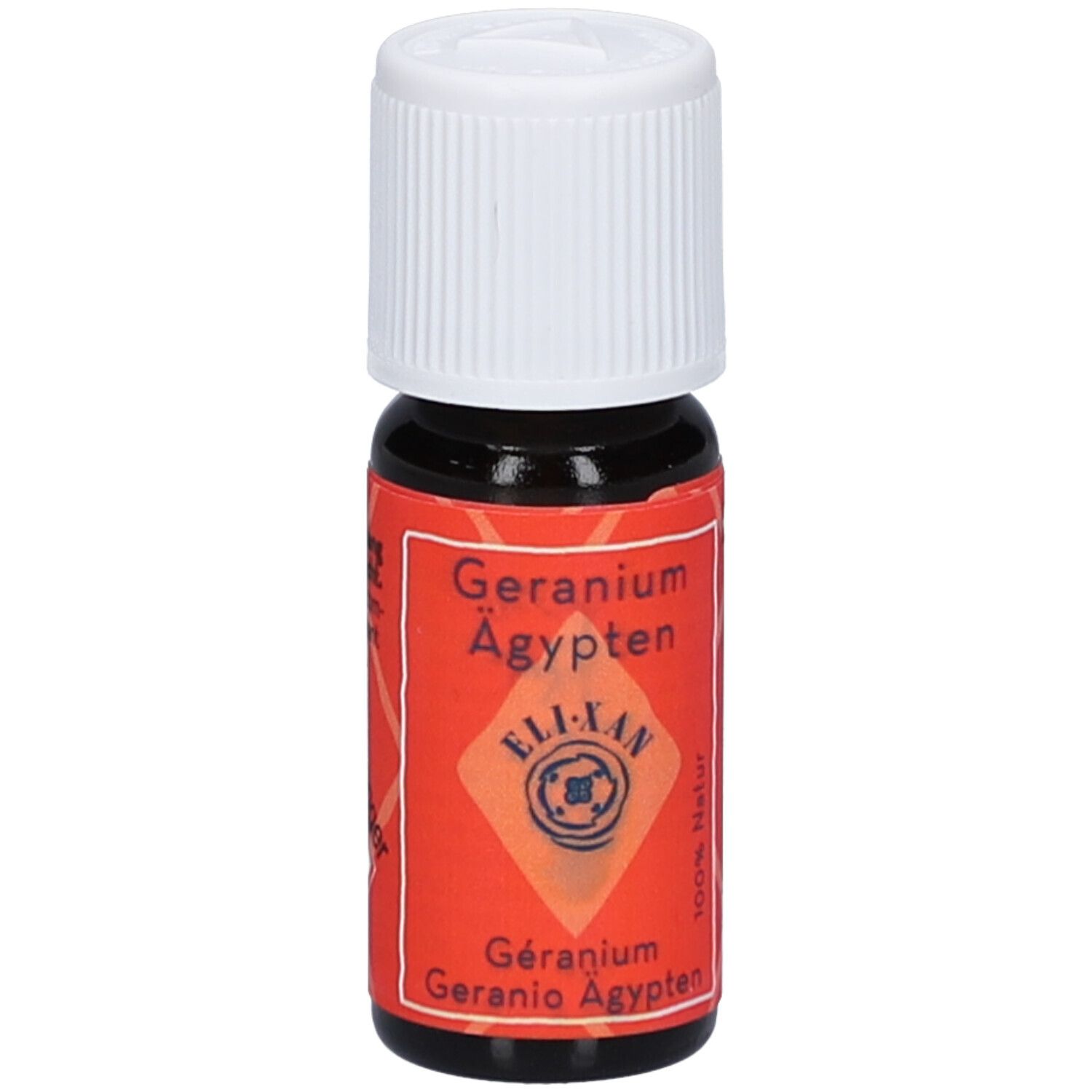 Bruine glazen fles met witte schroefdop. Rood etiket met tekst: Geranium Ägypten, ELIXAN, 100% Natur, 10ml.